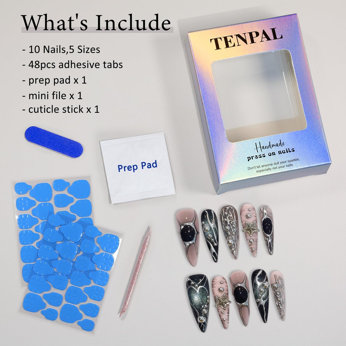 TENPAL Pink Black Press on Nails Long Stiletto,Metal Gothic Fake Nails with Punk Stars Beads,Cat Eye Glitter Edgy Y2K Ins False Nails with Tools,Sweet Grunge Irregular 3D Handmade Nails 10pcs(M)