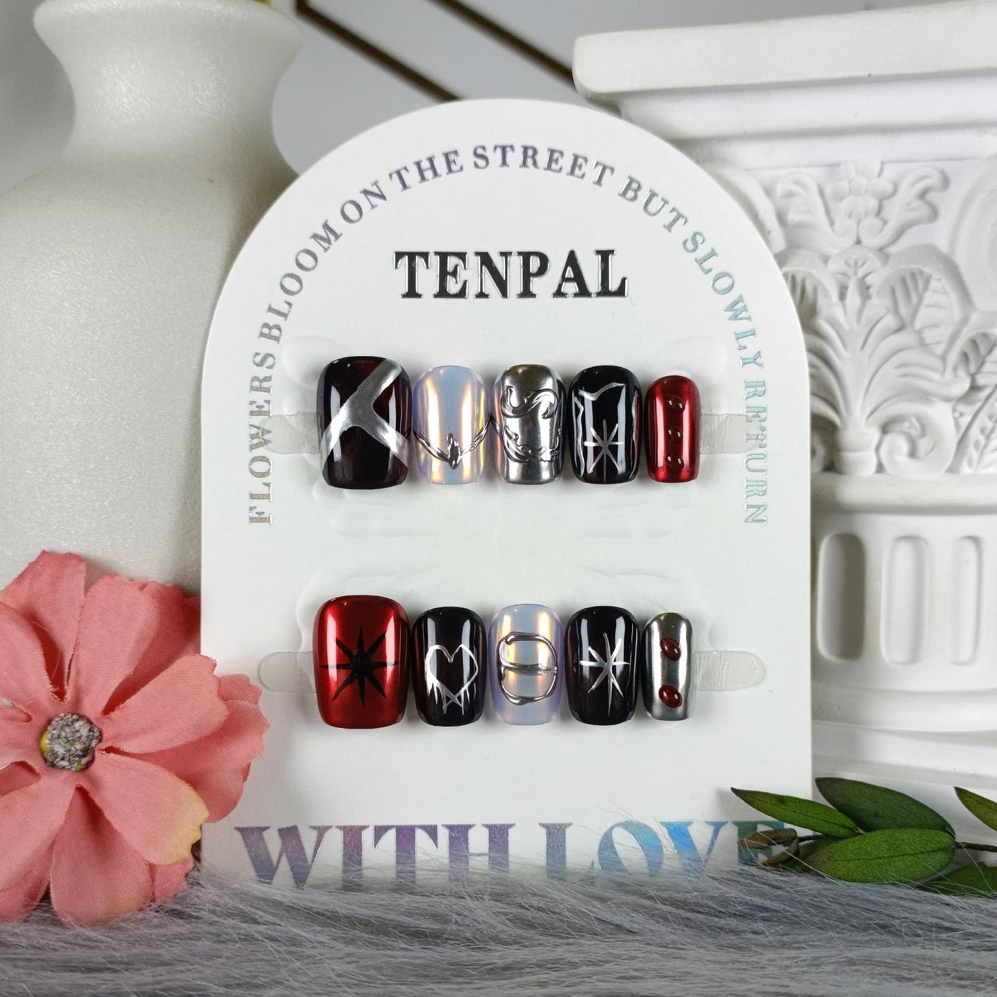TENPAL Gothic Press On Nails With Tools,Y2K Spider Web Embossed Short Square Glossy Chrome Glue on Nails,Dark Sweet Cool Acrylic Fake Nails,Silver White Red Metal Artificial False Nails 10Pcs(XS)