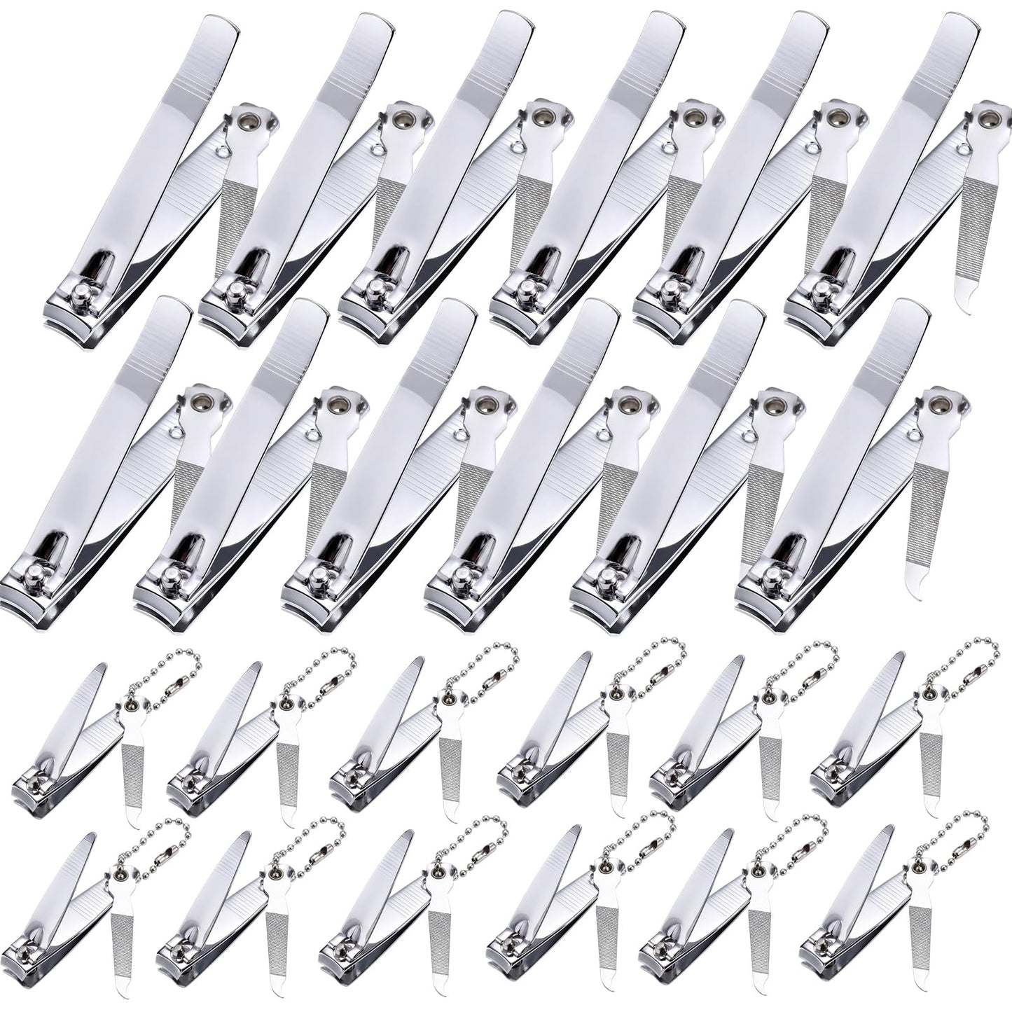 Bememo 24 Pcs Stainless Nail Clippers Set 2 Sizes Fingernail and Toenail Clippers with Chain Nail Cutter Tool Set Portable Travel Manicure Kit for Men Women Homeless Care Package Supplies(Silver)
