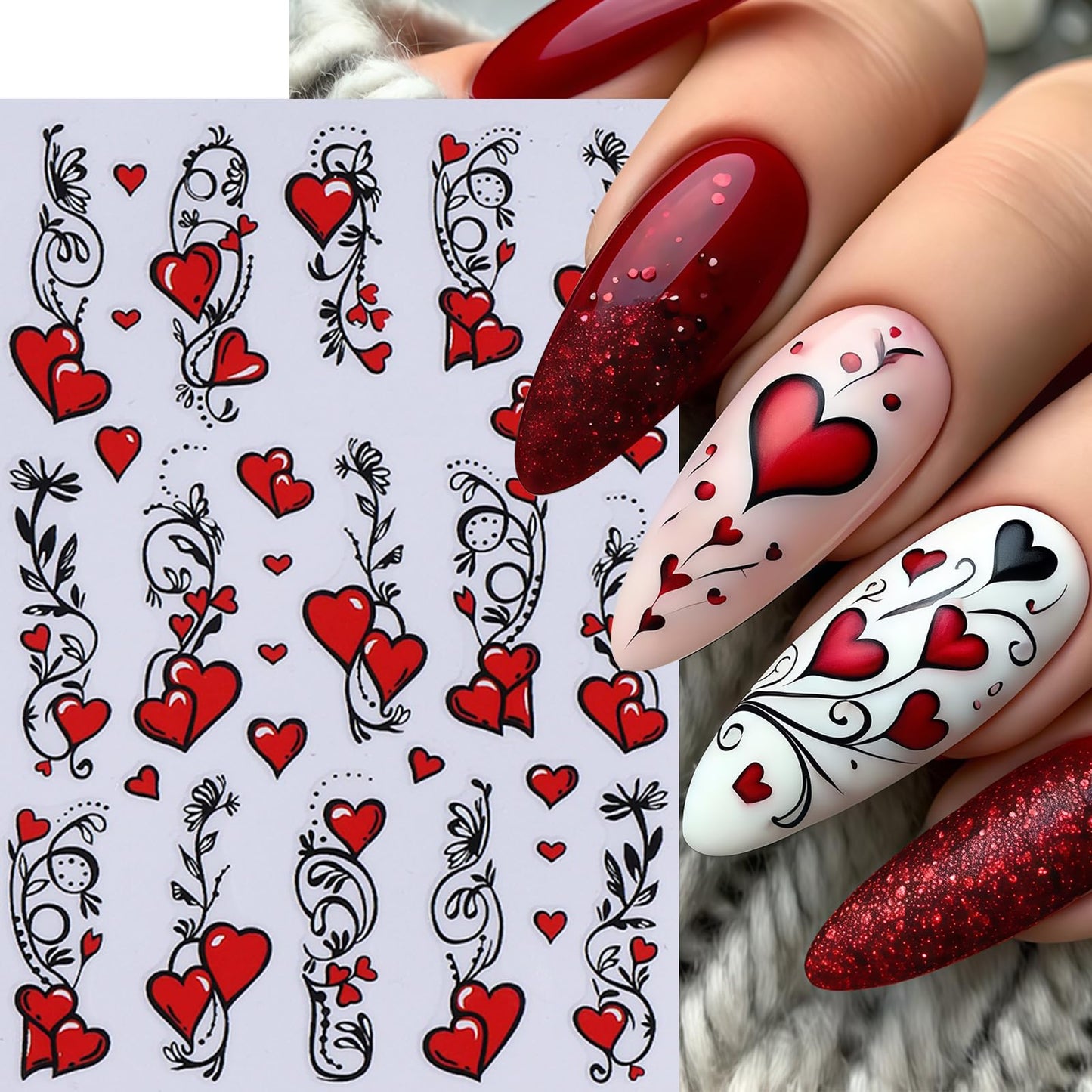 8 Sheets Heart Bows Nail Art Stickers Valentines Day 3D Self Adhesive Hearts Nail Sticker Heart Love Red Bow Tie Nail Design Comic Heart French Tip Line Manicure Accessories for Women Nail Decoration
