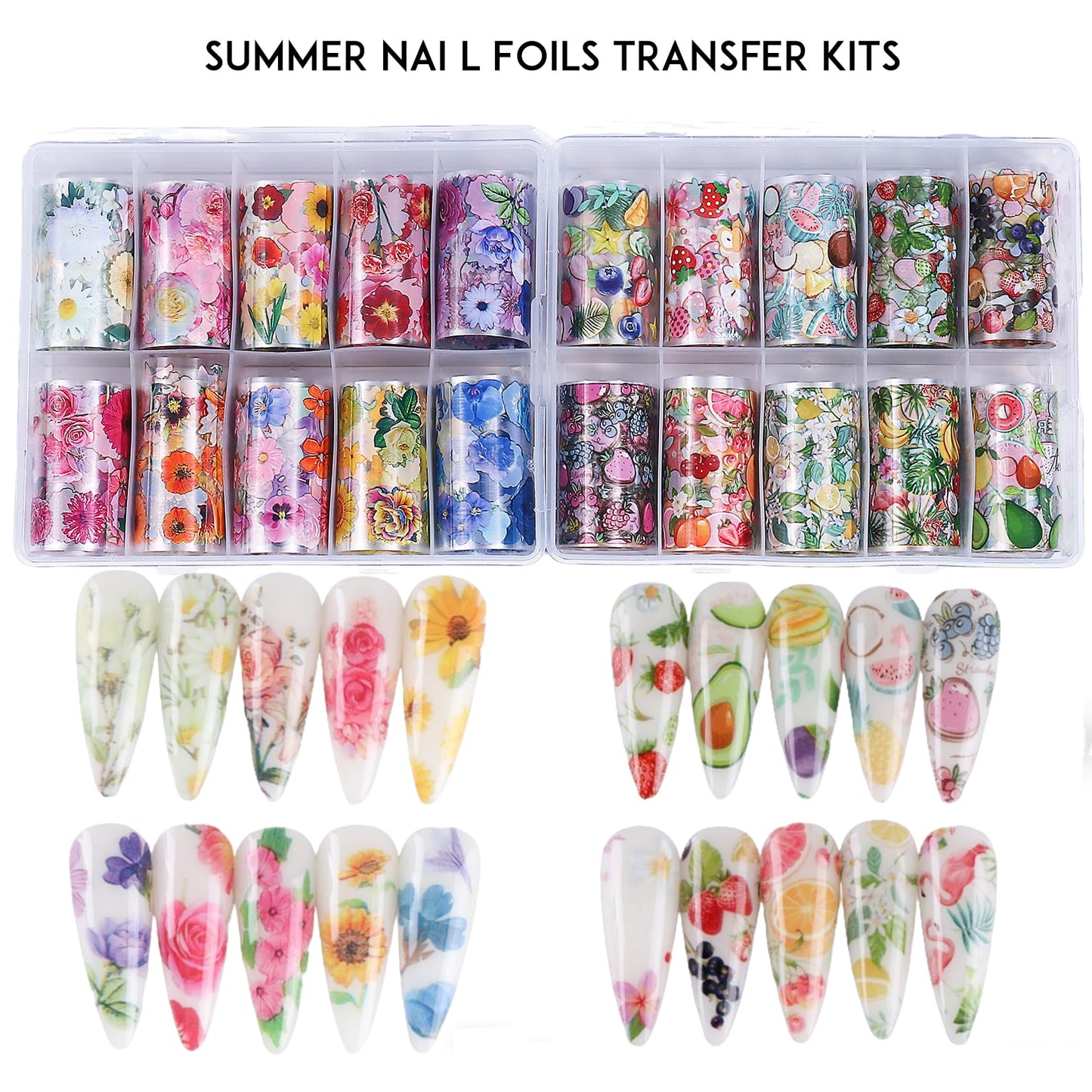 Flower Fruit Nail Transfer Foils 20 Rolls Summer Tropical Fruits Floral Theme Nail Art Foils Blueberry Strawberry Daisy Starry Sky Paper Full Cover Wraps Manicure Decoration Supplies for Women
