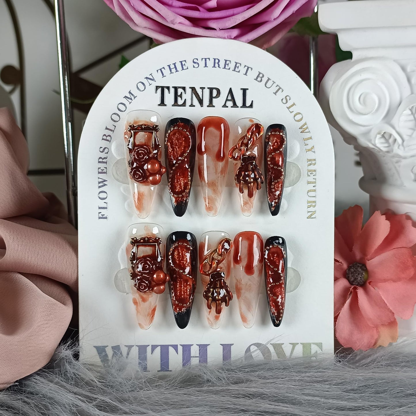 TENPAL 10Pcs Gothic Press On Nails With Tools,Blood Stain Black Red Long Stiletto Fake Nails, Distressed Roses Skull Hands 3D Art Designs Glue on Nails for Halloween Parties, Glossy Vampire Nails(M)