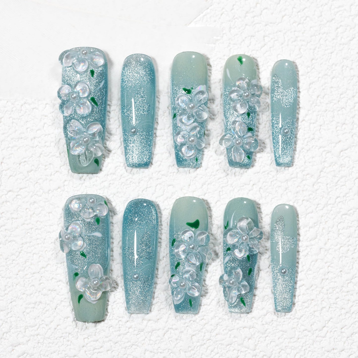 Sun&Beam Nails Handmade Press-on Medium Long Coffin Ballerina Blue 3D Flower Minimalist Design Fashion False Nail Tips 10 Pcs Set (#245 M)