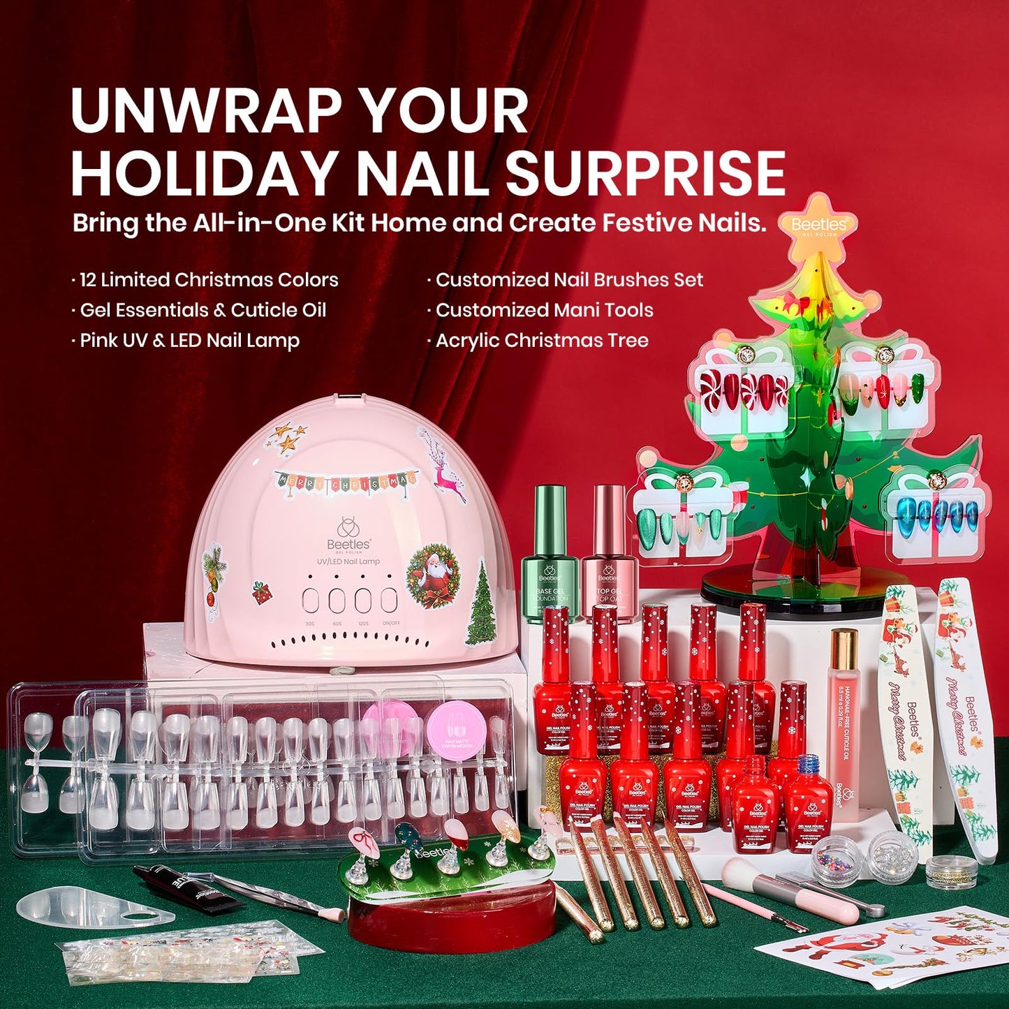 Beetles 67Pcs Gel Nail Polish Kit with U V Light - 12 Colors Jelly Cat Eye Pink Gel Polish Set Red Blue Glitter Nail Kit with Acrylic Holder Display Manicure Tools Salon Gifts for Women