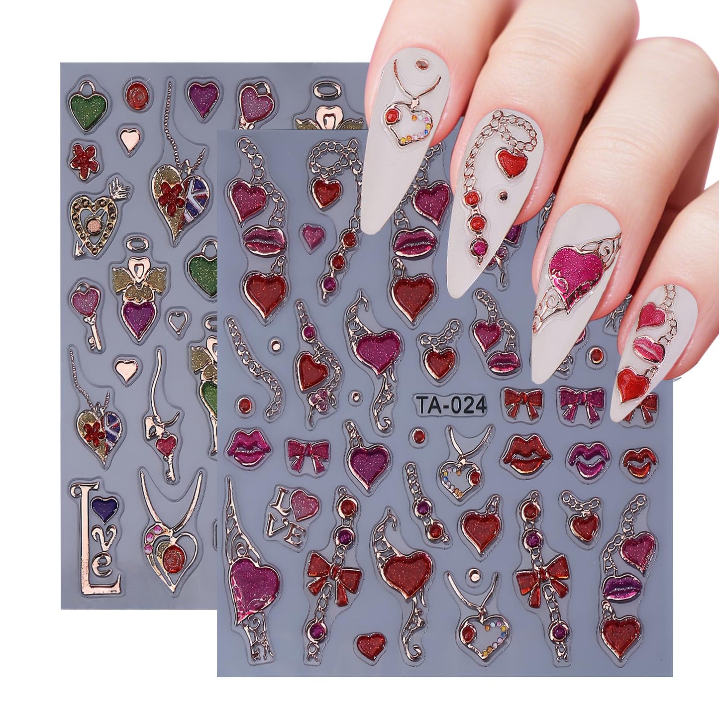 2 Sheets Heart Nail Art Stickers for Nail Art Valentine’s Day Nail Decals 5D Self-Adhesive Red Heart Nail Design Valentines Day Nails Supplies for Women Girls DIY Nail Decor