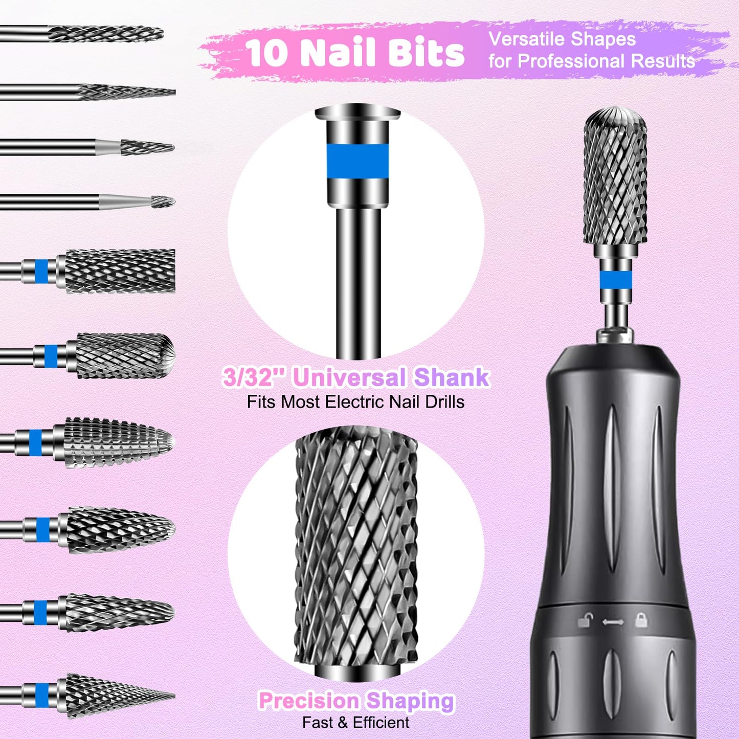 CGBE Nail Drill Bits Set: 10PCS Tungsten Carbide Nail Drill Bits for Acrylic Nails, 3/32'' Shank Professional Nail Bits for Nail Drill Cuticle Drill Bit for Home Salon Nail Enthusiasts Manicurist