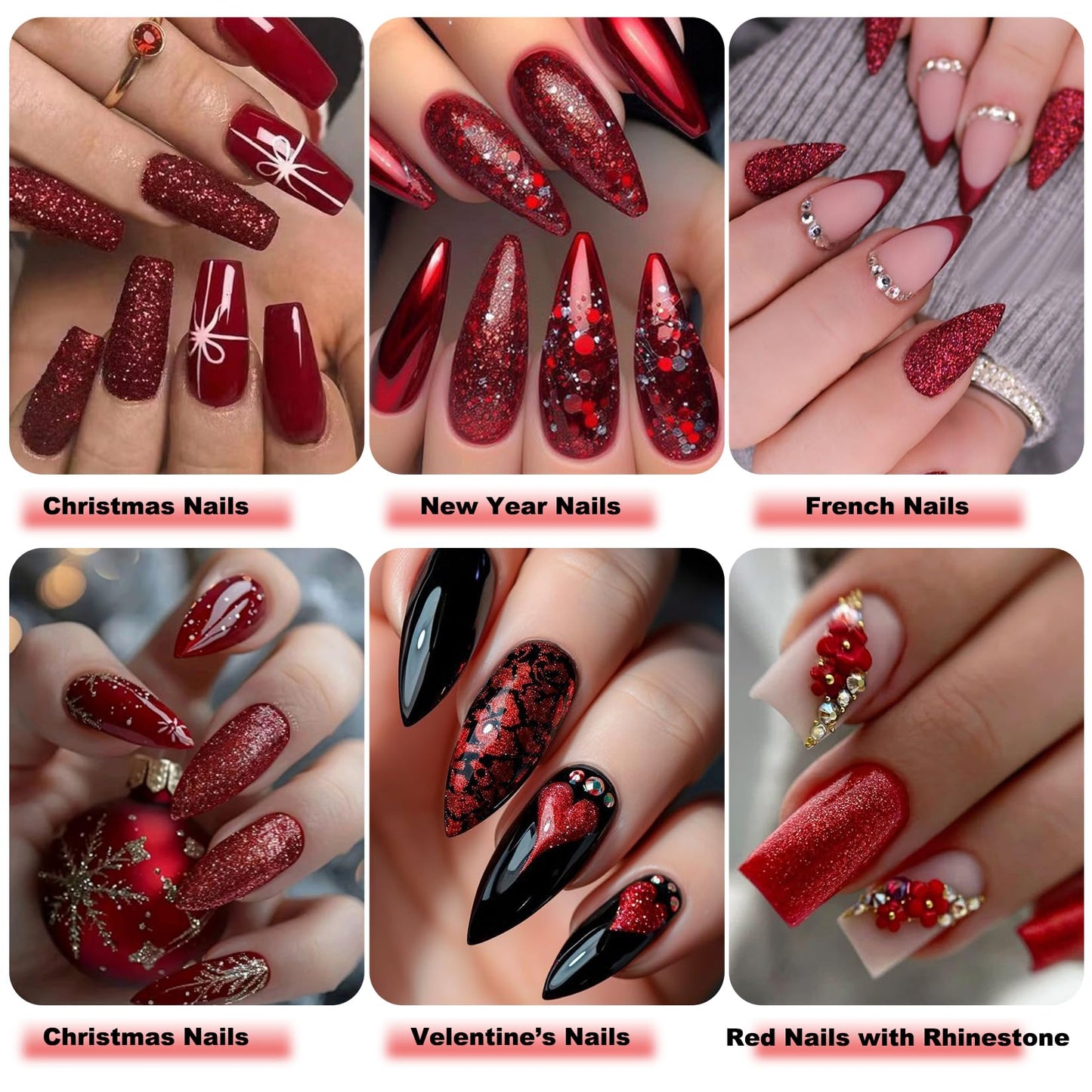 New Year Red Nail Art Glitters Nail Sequins 12 Boxes Holiday Nail Glitter Flakes 3D Red Series Hexagon Sugar Designs Nail Art Decoration Dipping Powder for Nails Supplies DIY Craft Accessories