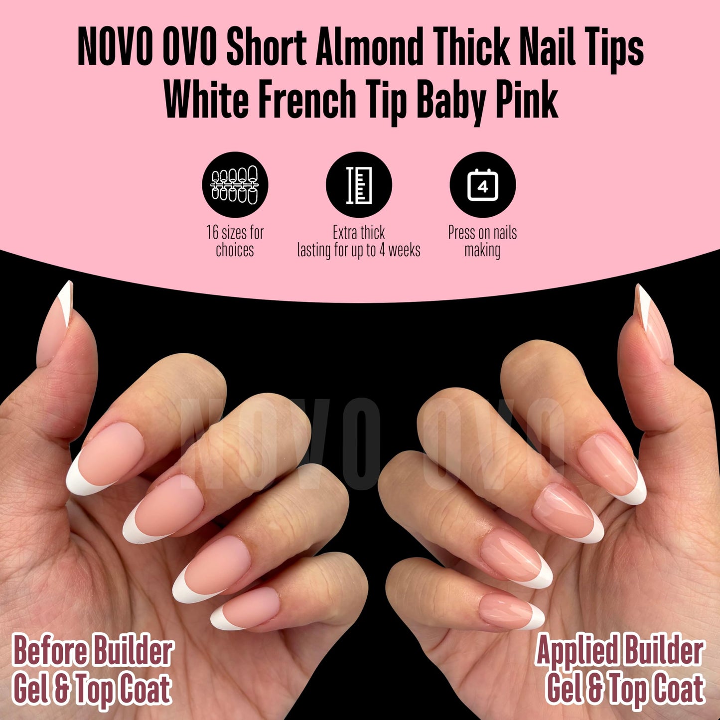 NOVO OVO Almond Short White French Tip Nail Tips Press on BABY PINK, Extra Thick Full Cover False Fake Nails, Need Builder Gel Top Coat & Glue, for Salon DIY Acrylic Extension x 16 Sizes 224 pcs