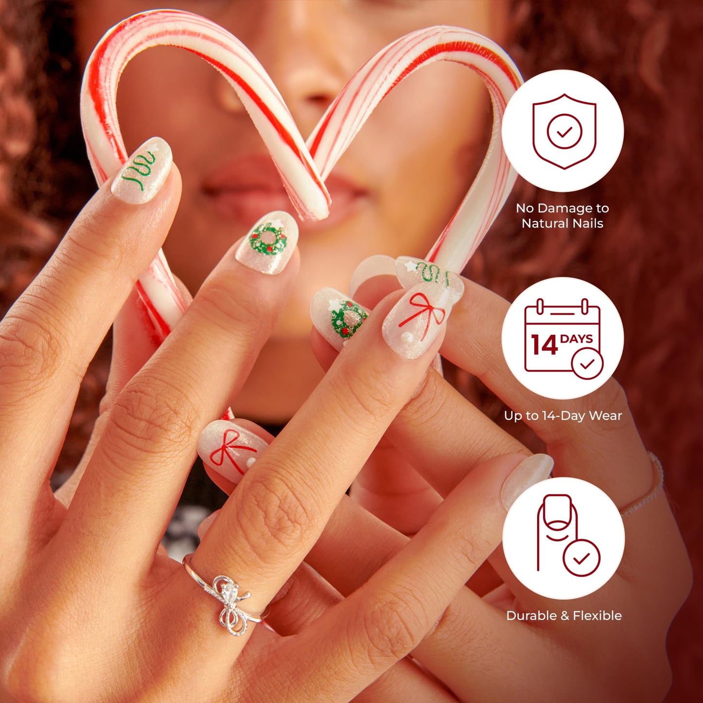 KISS Voguish Fantasy Holiday Press On Nails, ‘Holly Nights’, Brown, Medium Oval, No Damage To Natural Nails, Pink Gel Nail Glue (2g), Mini Nail File, Manicure Stick, & 28 Fake Nails