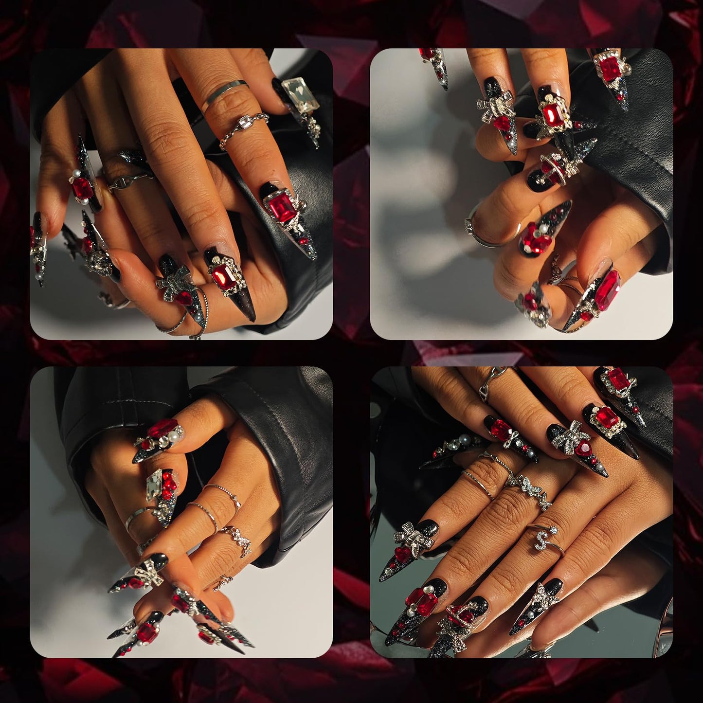 Handmade Press On Nails Stiletto, Black press on nails Long, Goth Red Rhinestone Glitter Nails For Women Gift, Reusable Stick On Fake Nails Kit With Nail Glue (Goth Charm, S)