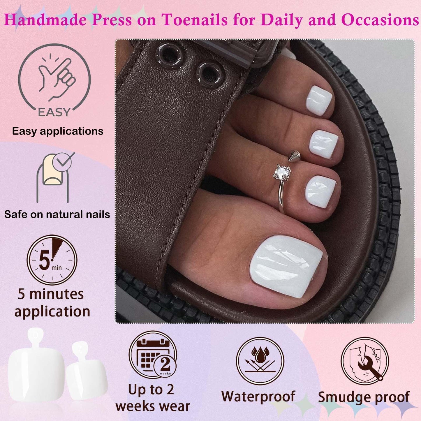 LoveOurHome 120pc White Press on Toenails Women Fake Toe Nails with Tabs, White Fake Toenails Press on Toes Nails Glue on Toenail Acrylic Toe Nail Tips Artificial False Toenail for Women Girls