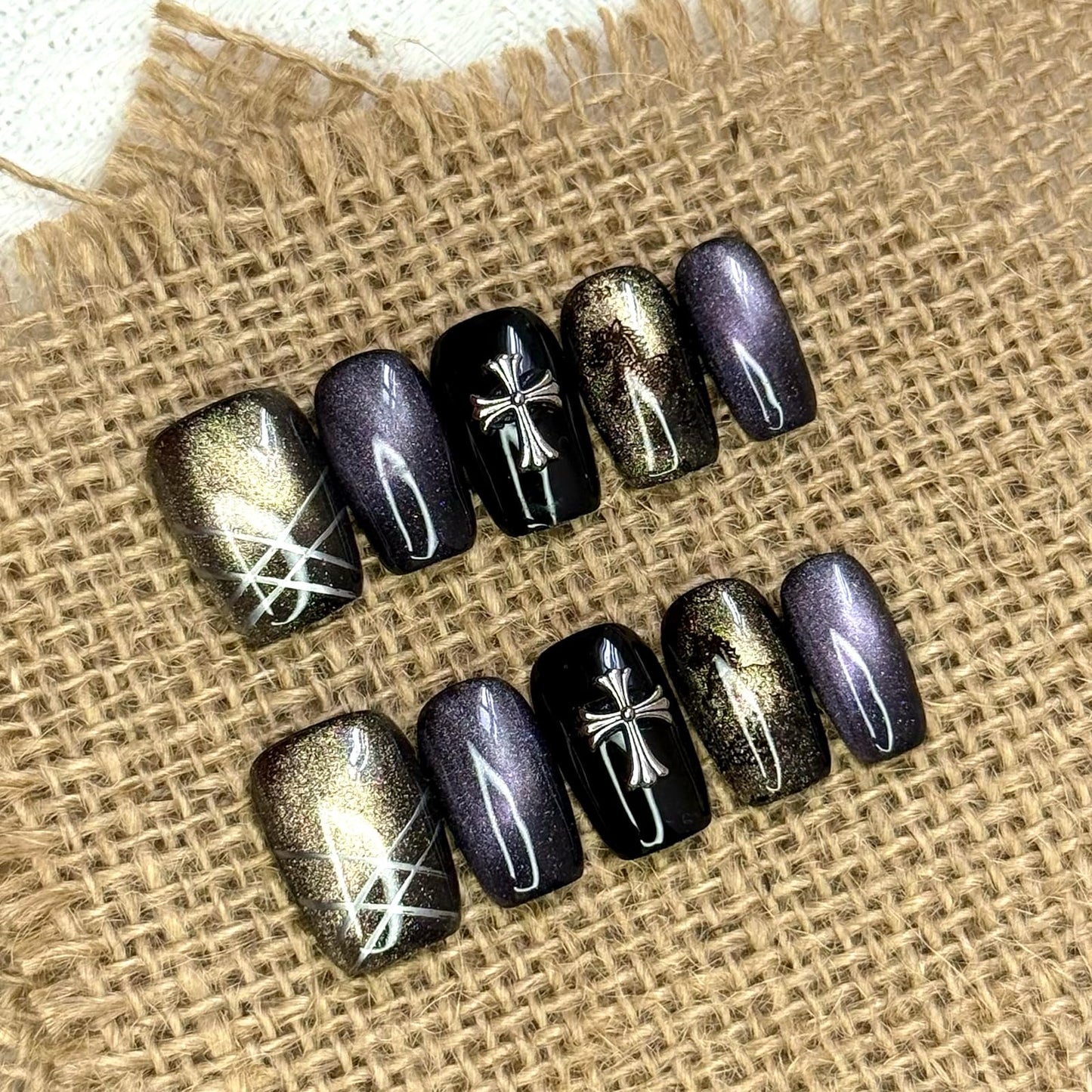 Purple Cat eye Short Square Press on Nails,Blackness Punk Rock Style False Nails with Cross Designs,Gothic Cross Press On Nails - 10Pcs Nail Kit for Women and Girls.