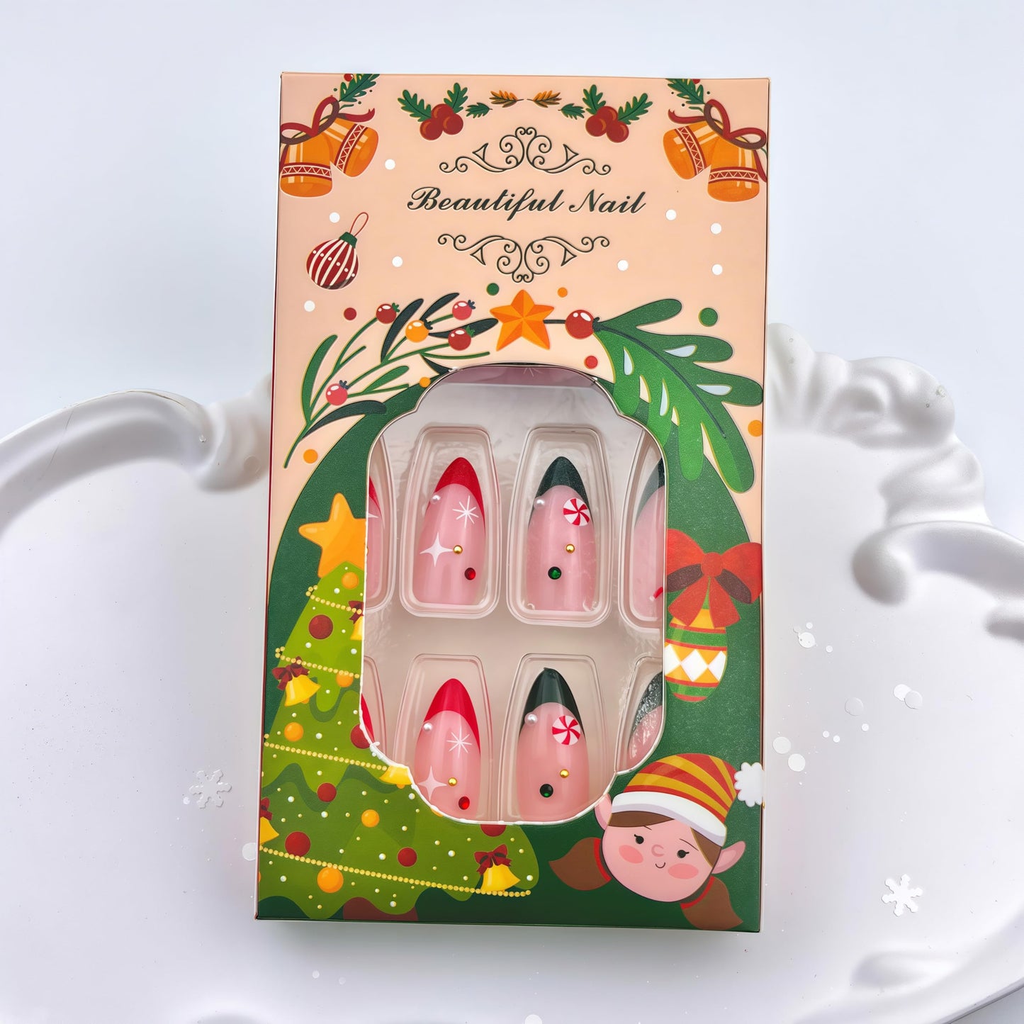 WEIXIWUYU Christmas French Tips Press on Nails Short Almond Fake Nails with Red Green White Rhinestones Designs Full Cover Red Green French Acrylic Nails for Women Girls Manicure Decoration 24Pcs