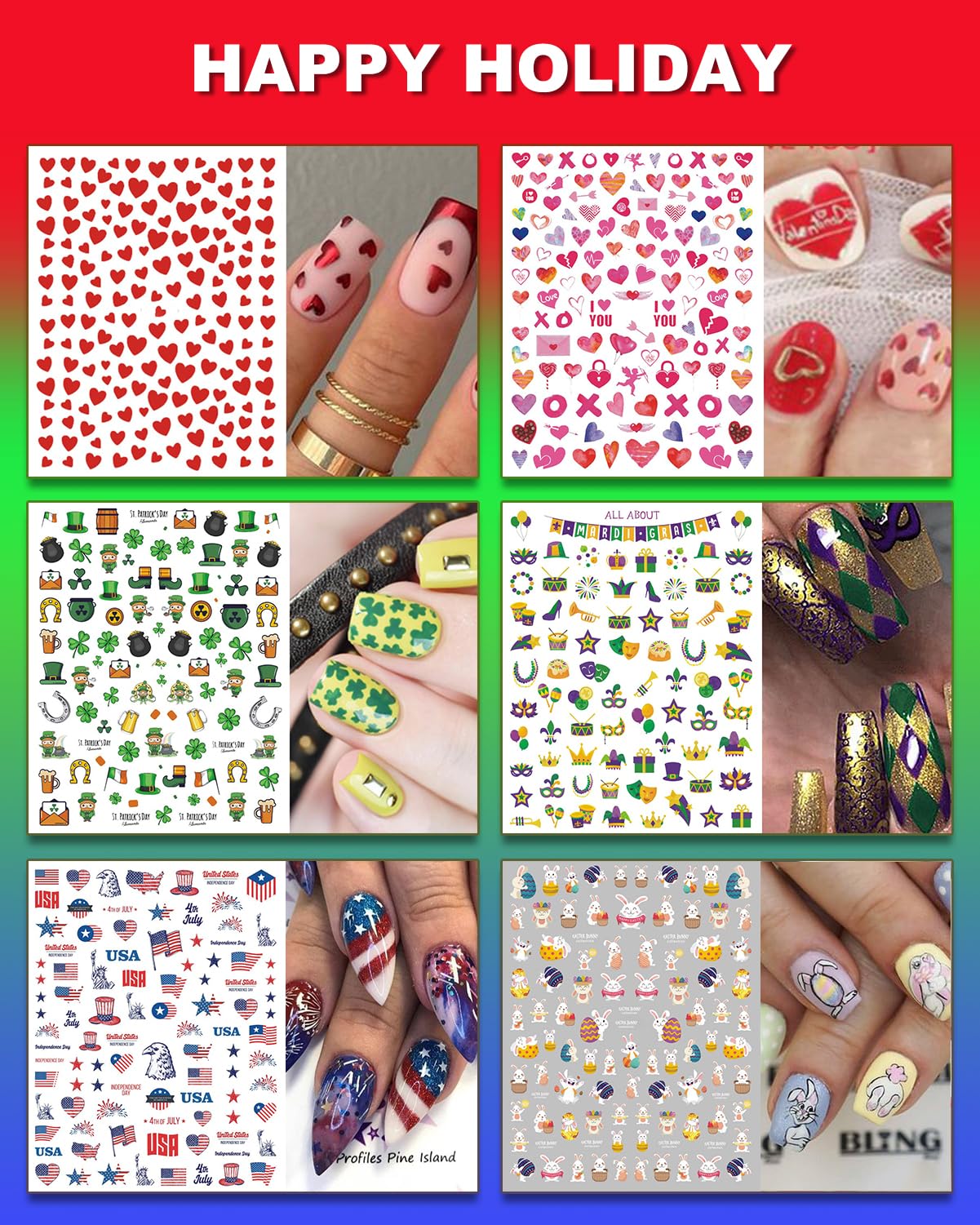 winthrop 36 Sheets All Holiday Nail Art Stickers, Mixed Season Nail Decals Set for All Year, Spring Summer 3D Self-Adhesive Colorful Pegatinas Uñas Daisy Butterfly 4th of July Halloween Christmas