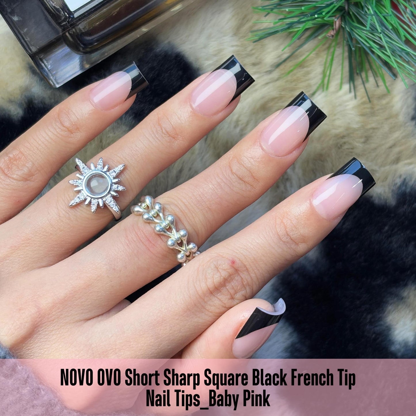 NOVO OVO Short Sharp Square Black French Tip Nail Tips Press on BABY PINK, Extra Thick NEED Nail Glue Builder Gel Top Coat, Soft Gel Full Cover Fake Flase Nail Extension for DIY x 15 Sizes 240 pcs
