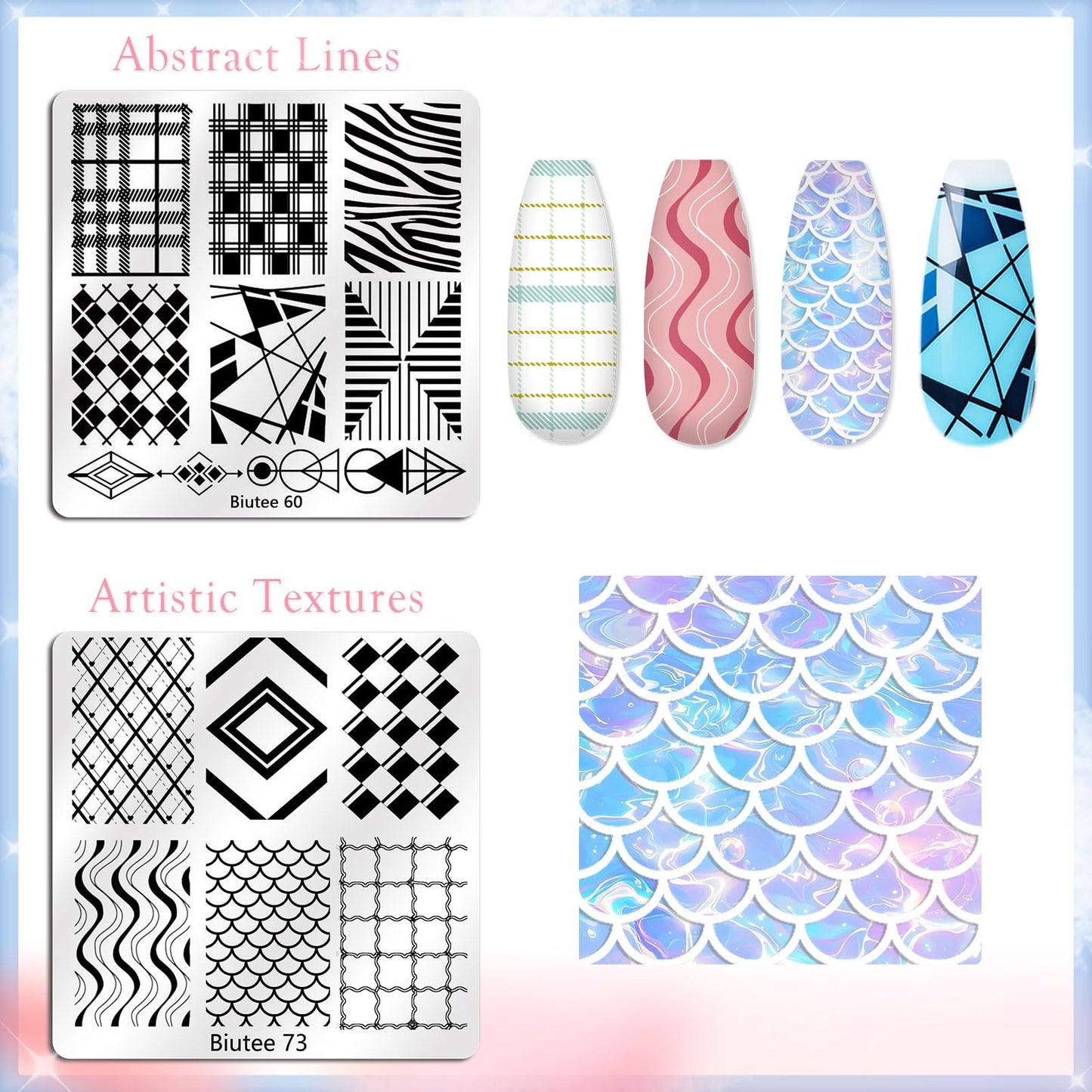 Biutee Nail Stamping Kit with 16 Nail Stamping Plates, Clear Jelly Nail Stamper, 2 Scrapers & Storage Bag, Nail Art Stamping Plate Set with Floral Geometric Beach Designs for DIY Manicure