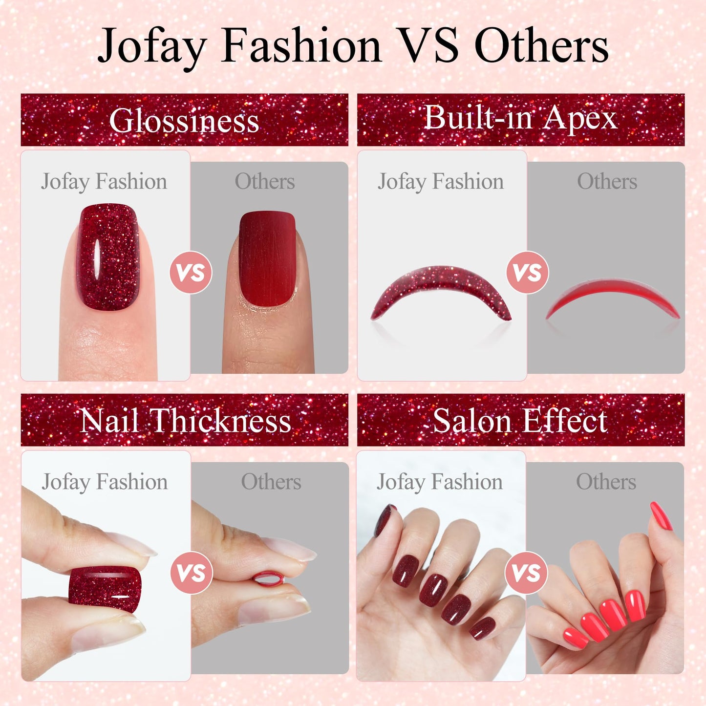Press on Nails Short 5 Styles, Jofay Fashion 160Pcs Valentines Nails Red Press on Nails, Square Glitter Fake Nails with Designs, Reusable Glossy Acrylic False Nails Glue on for Women 16 Sizes