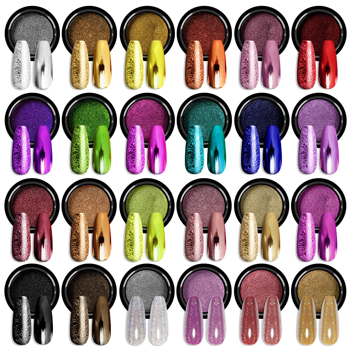 SAVILAND Chrome Nail Powder Set: 24 Colors Metallic Mirror Effect Holographic Iridescent Chrome Powder for Gel Nails, Nail Art Design Kit for Beginners DIY Manicure Home Salon Use