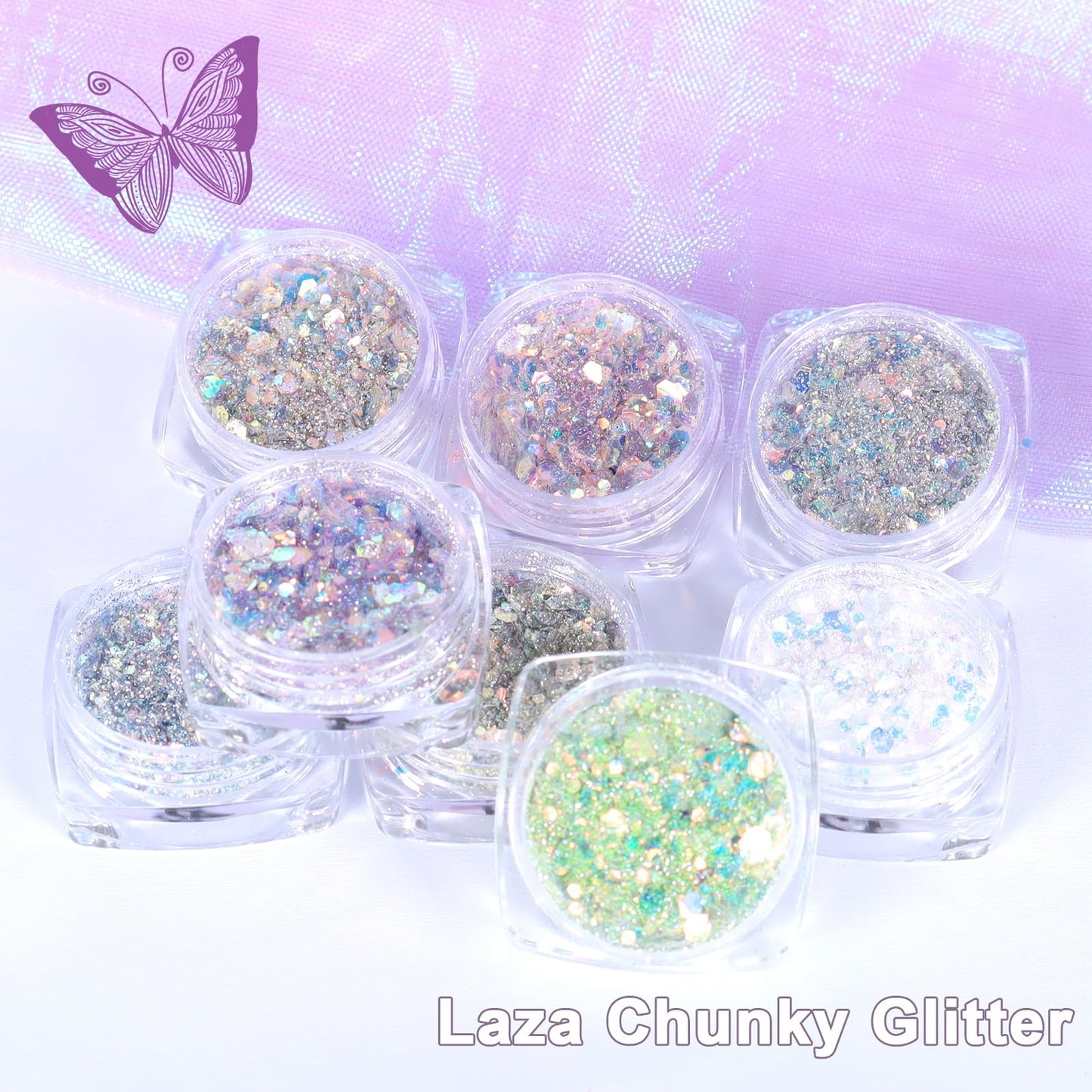 Laza 8 Colors Nail Art Glitter Diamond Dust Iridescent Nail Powder Chunky Glitter Confetti Foil Flakes Sequins for Nail Art Supplies, Gel Polish, Mermaid Makeup, Body, Resin — Glittering Iridescence