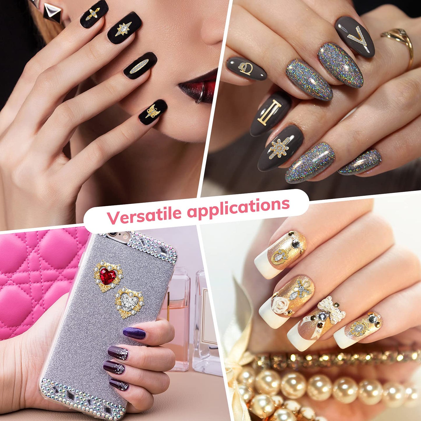 Maitys 48 Pcs Gold Charms 3D Nail Rhinestones Nail Gems 24 Styles Y2k Cross Heart Shiny Diamonds Dangle Crystals Jewels Nails Decoration with Storage Box for Women DIY Hand Beauty Craft Jewelry Making