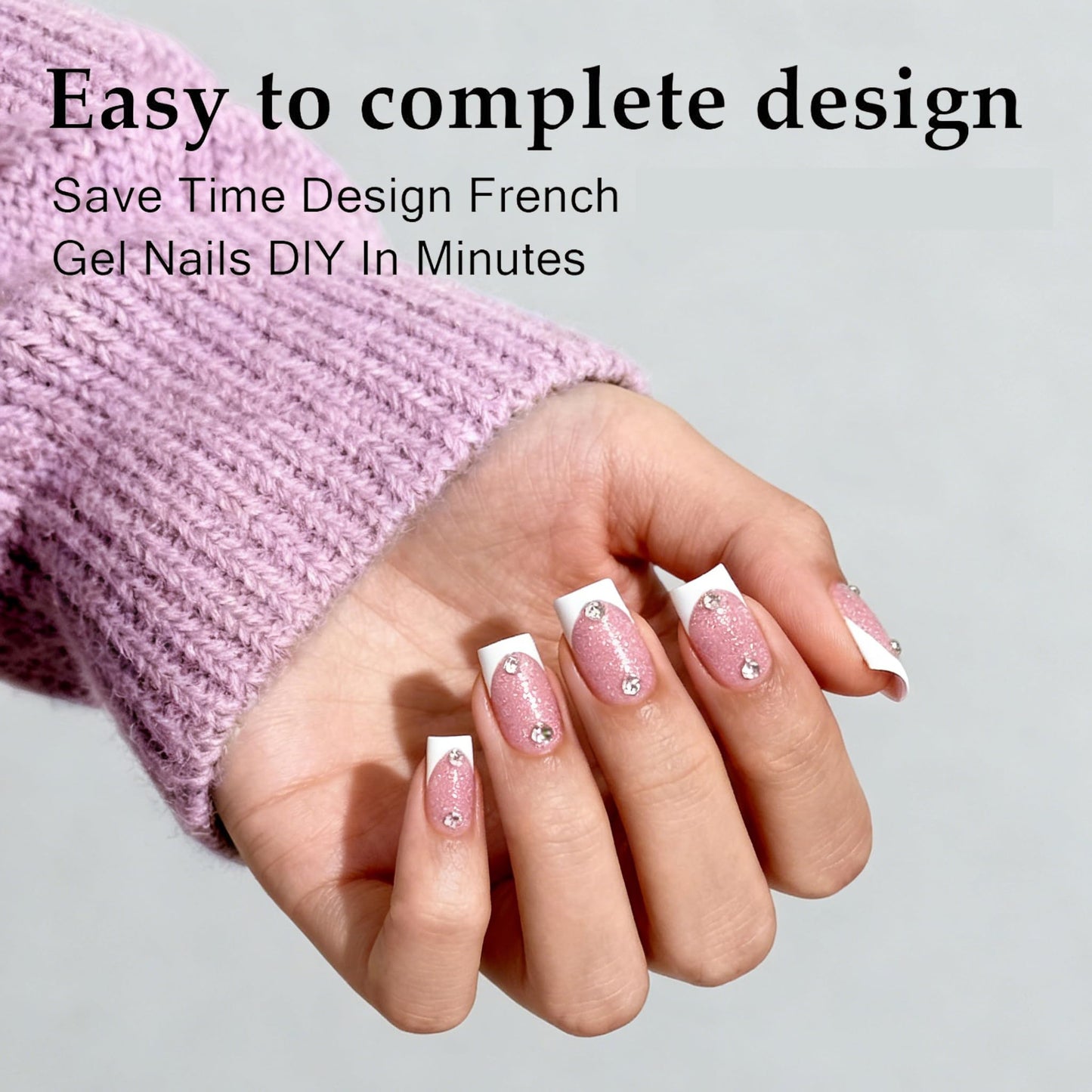 Dsixnails French Tip Press On Nails, 150Pcs Pink Short Square Gel Press on Nails, Glitter Base Pre-Lasting Acrylic Fake Nails, Soak Off Acrylic Full Cover Nails Extension for Women Girl 15Sizes