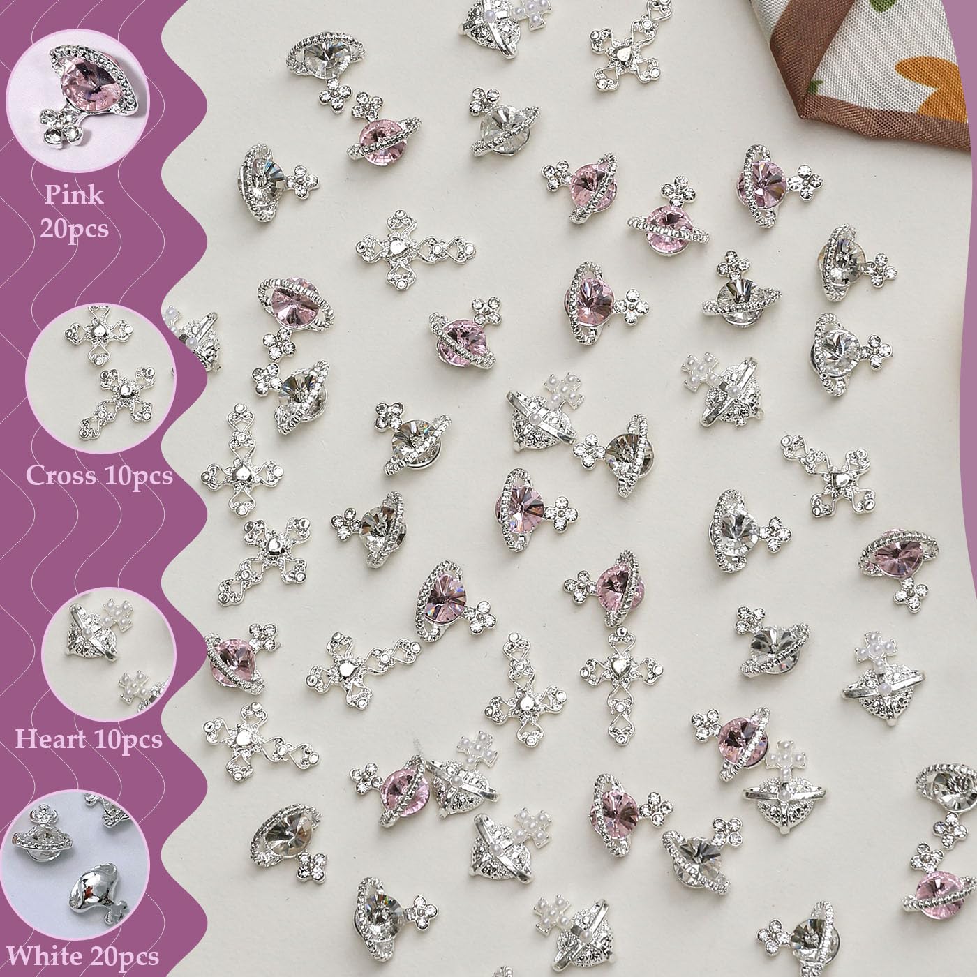 60pcs Planet Nail Charms with Gems, Y2K Sliver Cross Nail Art Charms, 3D Chrome Nails White Pink Saturn Shape Shiny Rhinestones Nail Supplies, Crystal Acrylic Charm for Women