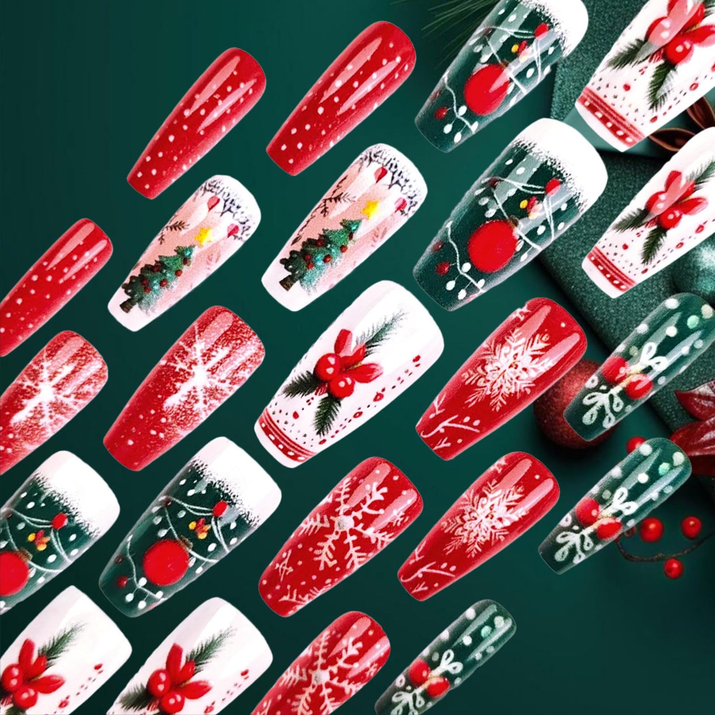 Christmas Press on Nails Christmas Tree Gel Glue on Nail 24Pcs Xmas Bell Medium Coffin False Nails Glossy White Snowflake Acrylic Fake Nail Holly Stick on Fingernails for Women Xmas Gift