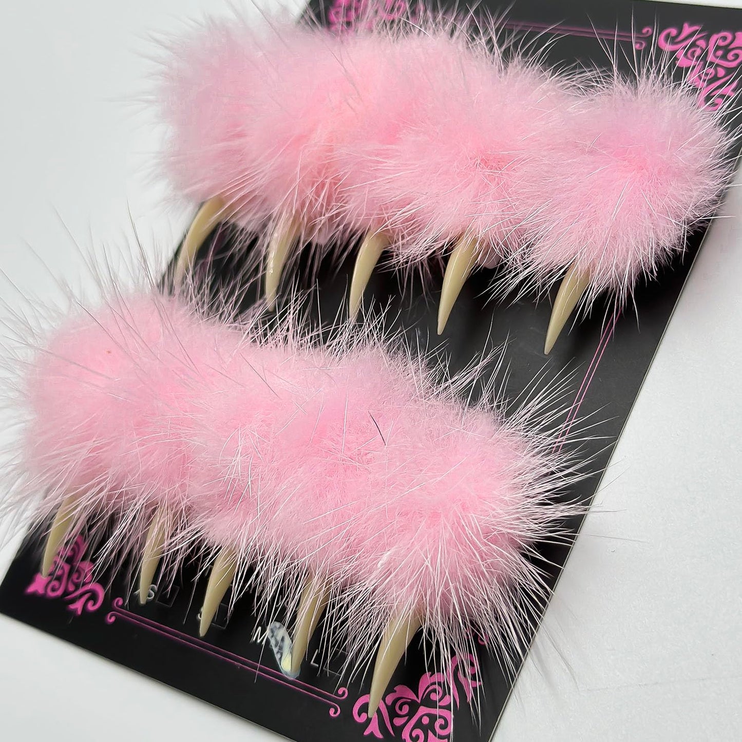 Halloween Press on Nails Luxury Medium Stiletto Handmade Eagle Claw Unique Reusable ABS Material Curved Fake Nails Dragon Cat Claw False Nails with Pink Fur Glossy Glue on Nail Thick Acrylic Nail(M)
