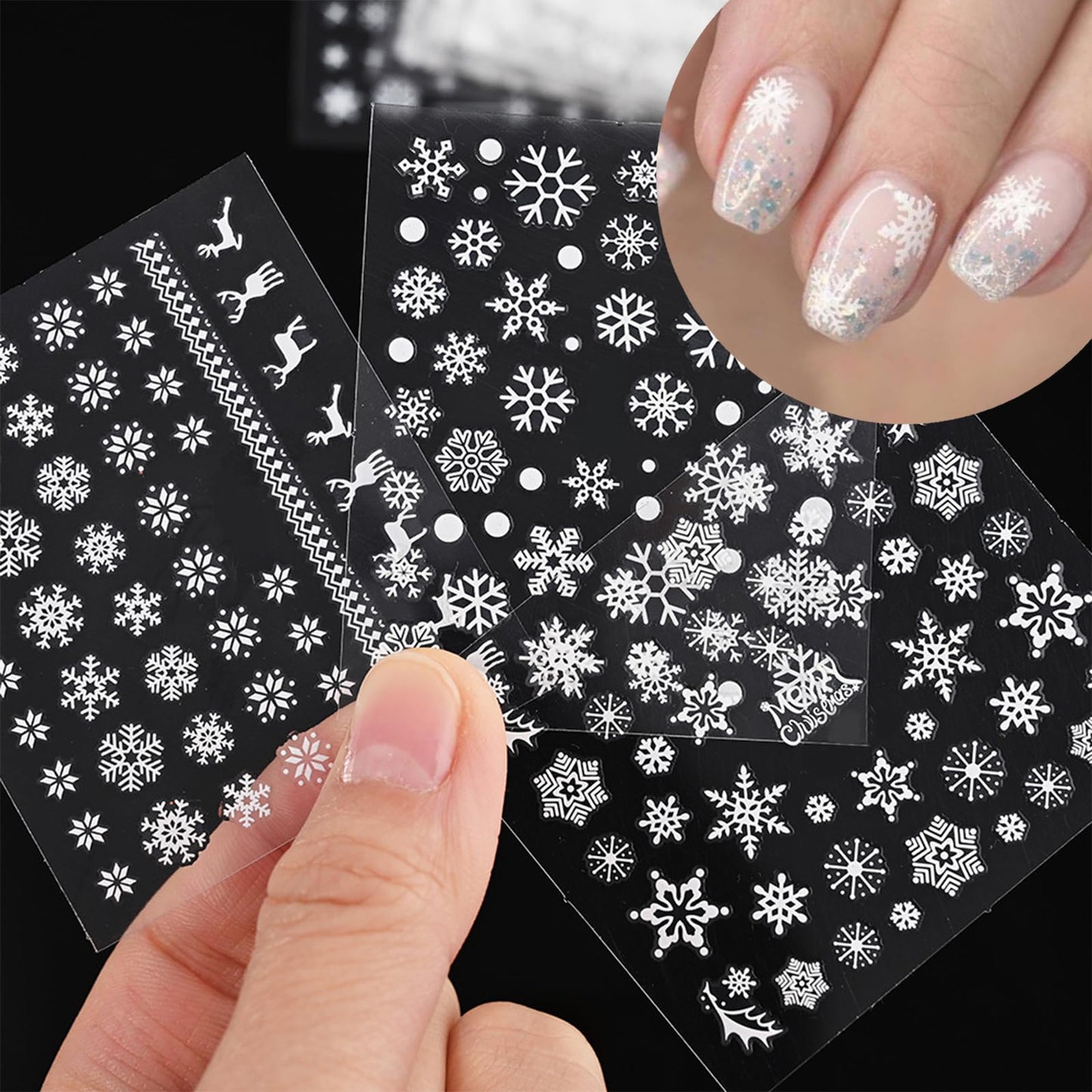 30 Sheets Christmas White Snowflakes Nail Art Sticker Decals 3D Self- Adhesive Snowman Elk Design Nail Decals Christmas Sleigh Nail Supplies Stars Lace for Women Kids DIY Nail Art Decoration