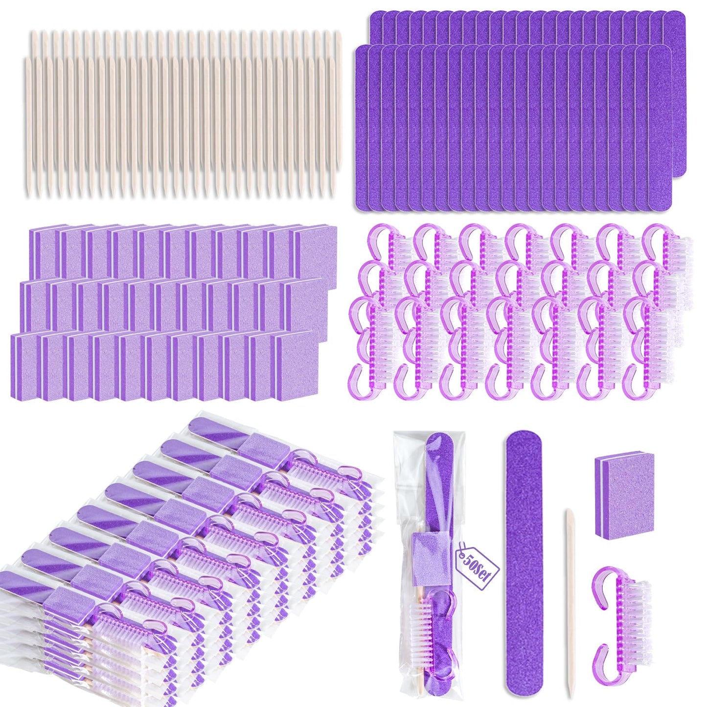 50 Sets Disposable Manicure Kit Basics 4 Piece Nail Kit for Travel,Handle Grip Brush,Mini Nail Buffer Nail File and Wood Stick for Gifts Salon Home Professional(50 Set -Purple)