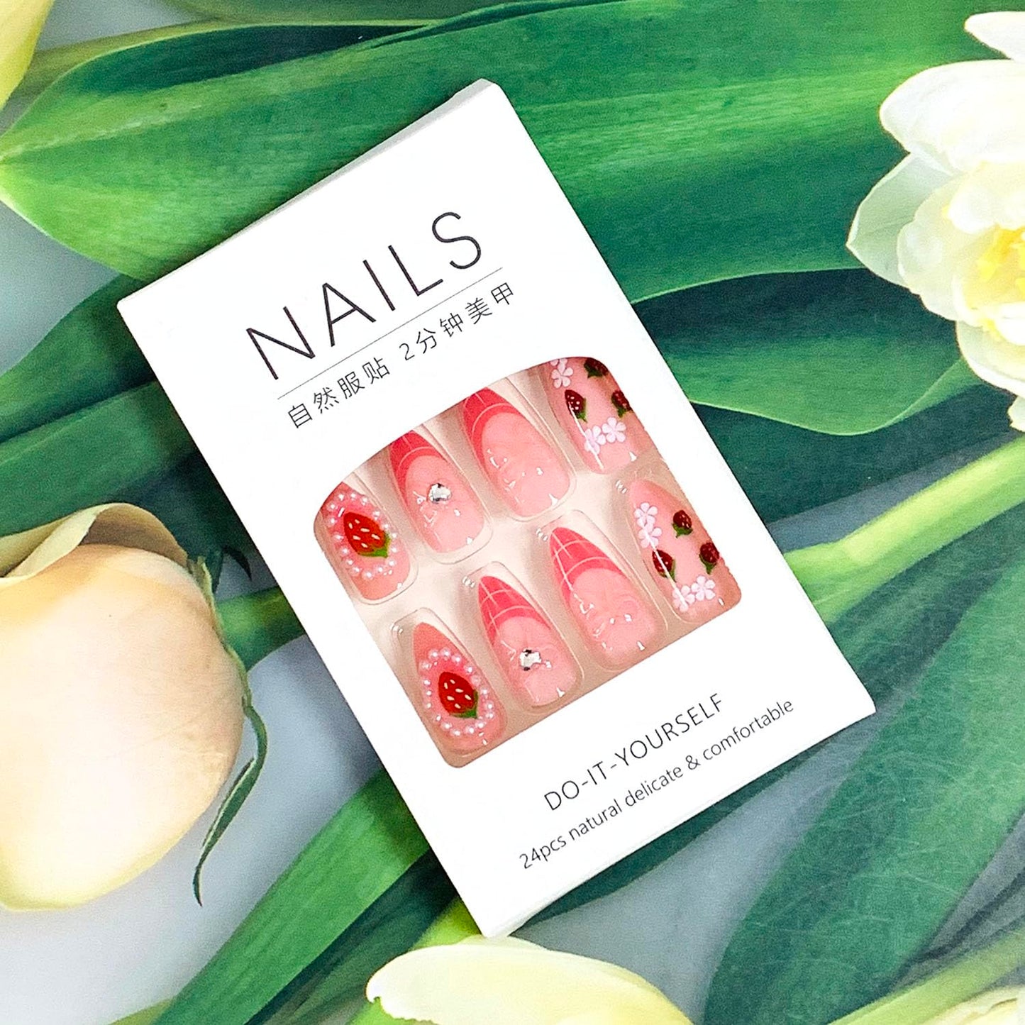 EYZOTSF Press on Almond Nails Medium Length Glossy Full Cover Acrylic Almond Shaped False Nails with Designs Artificial Fake Nail with Charms Glue Stick ons Fingernails for Women Girls(Z1105)