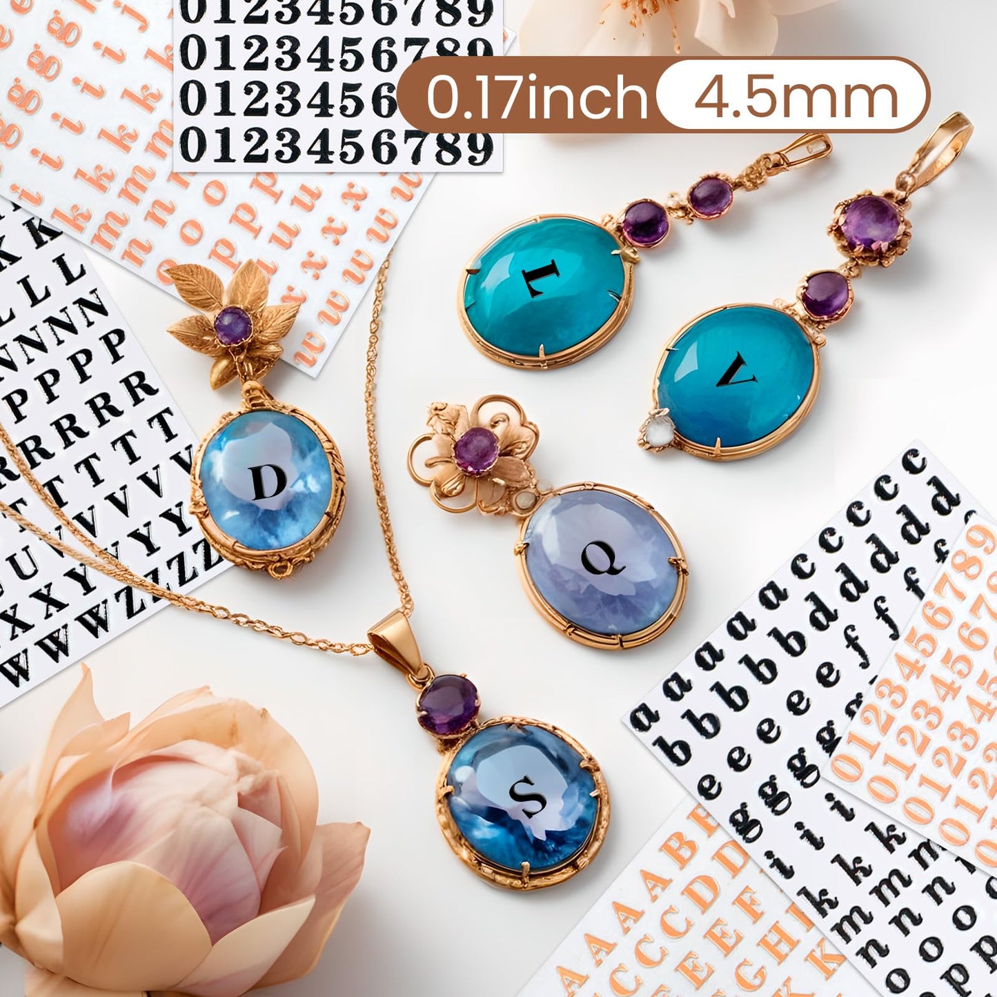EORTA 6 Sheets Letter Stickers Small 0.18inch Alphabet Number Stickers Self-Adhesive Mini Decals for Epoxy Resin Casting Decoration, DIY Craft, Scrapbook, Nail, Keyboard, Rose Gold/Black, 4.5mm