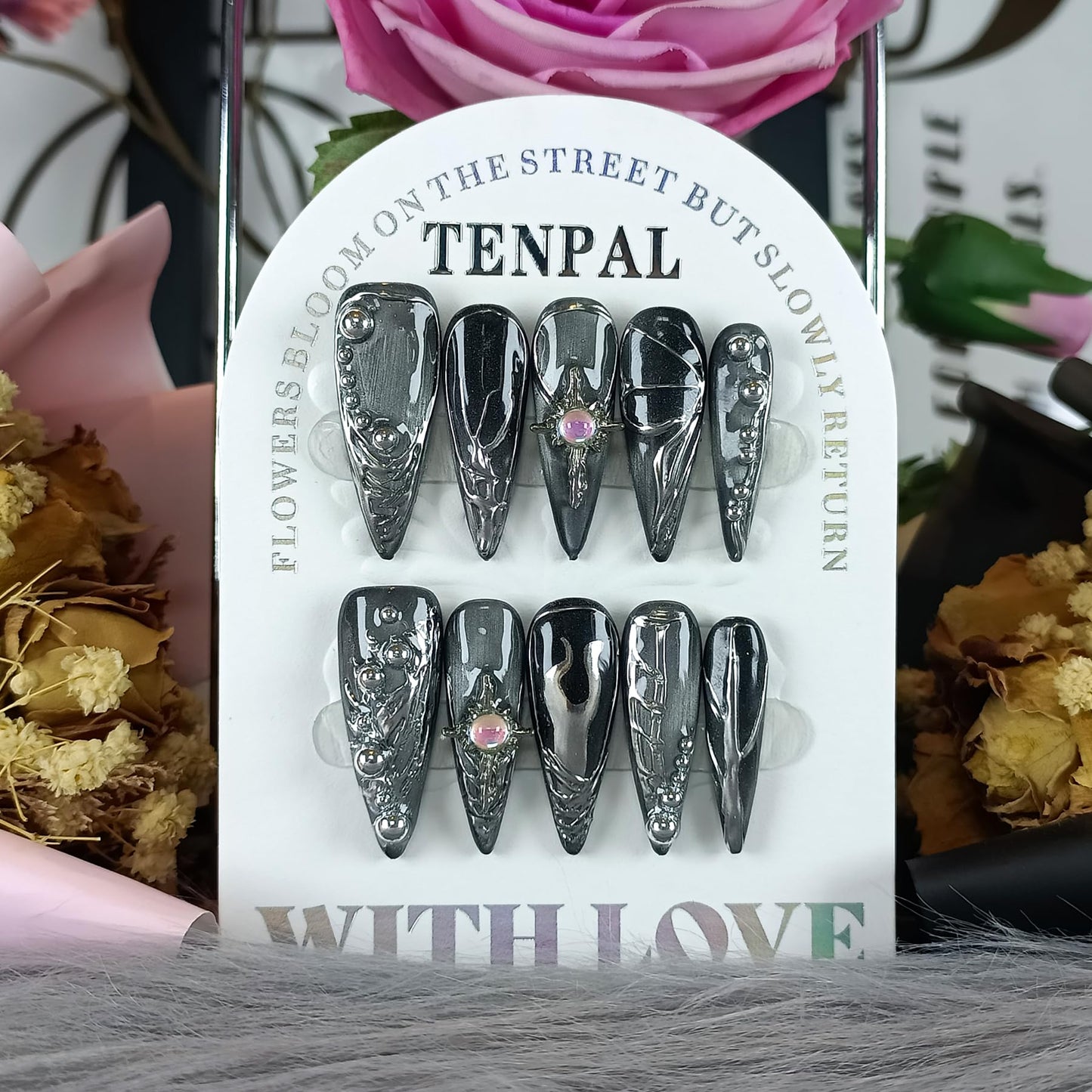 TENPAL Cat Eye Black & Mirror Powder Gradient Obsidian Press on Nails Long Stiletto,Hand-Painted Butterfly & Meteor Designs Fake Nails with Tools,3D Crystal Gothic Punk Nail Kit with Tools 10pcs(L)