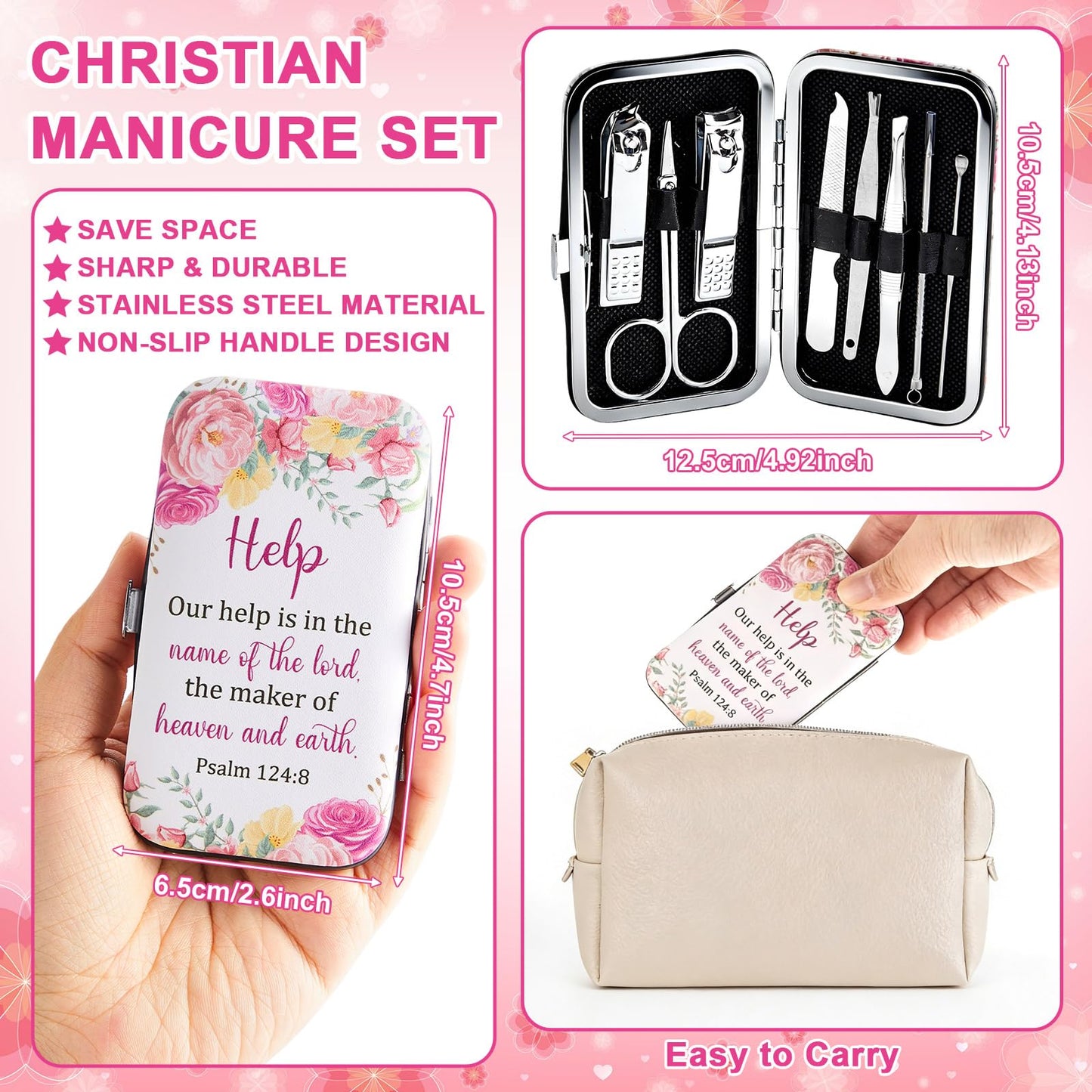 6 Sets Christian Gifts Bulk for Women Bible Verse Manicure Kit Religious Nail Clipper Gifts Floral Scripture Stainless Nail Gift 8 in 1 Church Bible Manicure Sets for Staff Women Party Supplies