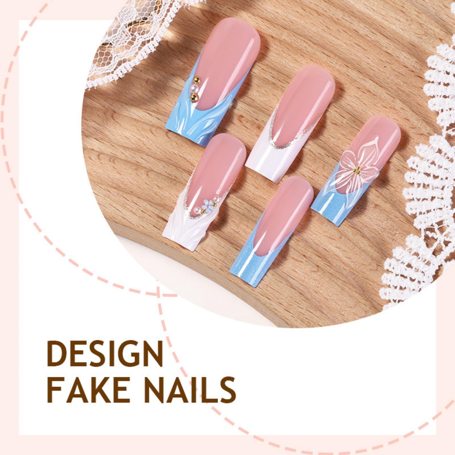 Long Press on Nails Square Fake Nails Blue Artificial Nail Ocean Wave French Tip Pearl Gold Bead Floral Glossy Stick on Nail Mermaid Summer Salon Look for Women 24pcs