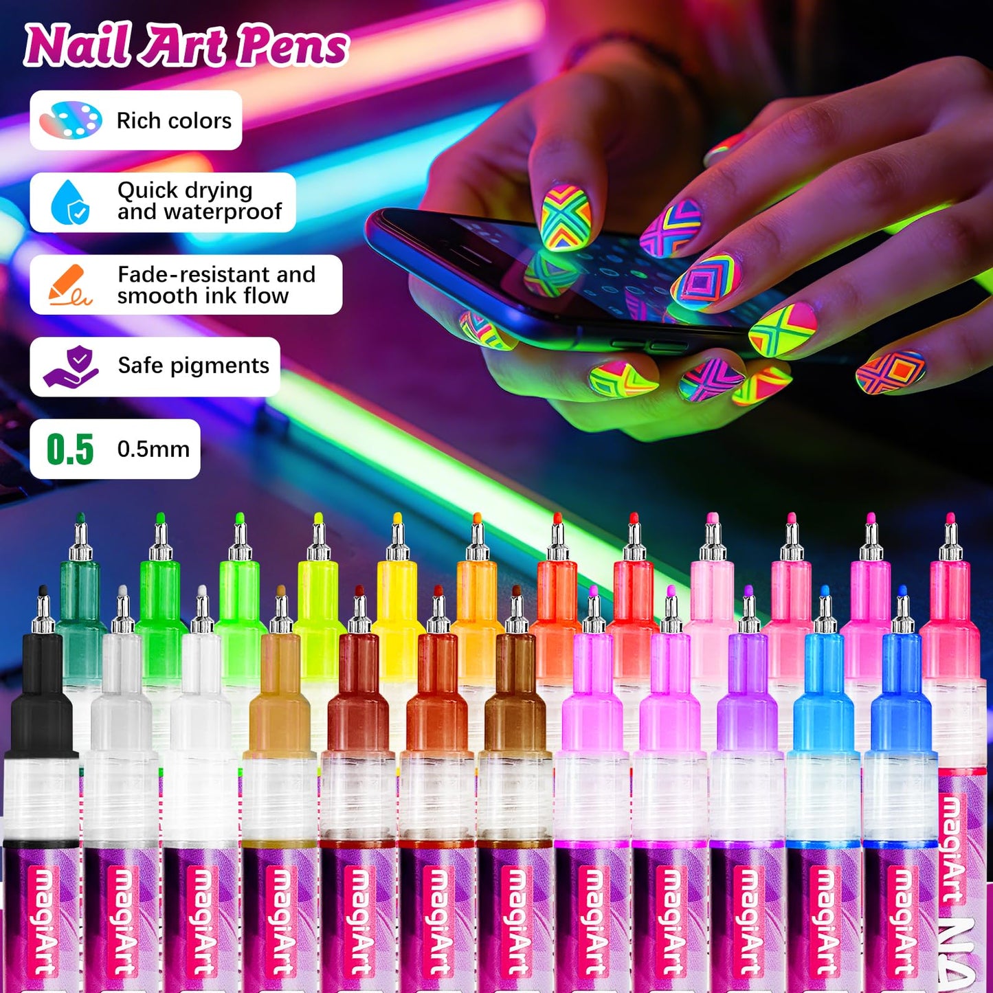 VIVIBOOM Glow In The Dark Nail Art Pens, 24 Color 0.5 MM Fluorescent Neon Nail Polish Pens Set Drawing Point Painting Liner Painted Pen Kit, Waterproof Nail for DIY Design Manicure Tools