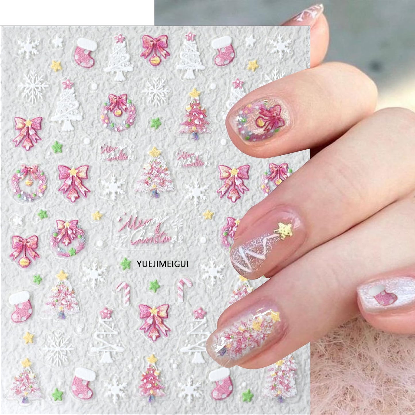 Pink Christmas Nail Art Stickers 5D Embossed Christmas Tree Self-Adhesive Nail Decals Winter Christmas Tree Elk Snowflake Nail Design Supplies Xmas Holiday Cute Stickers for Women Girl Manicure 3PCS