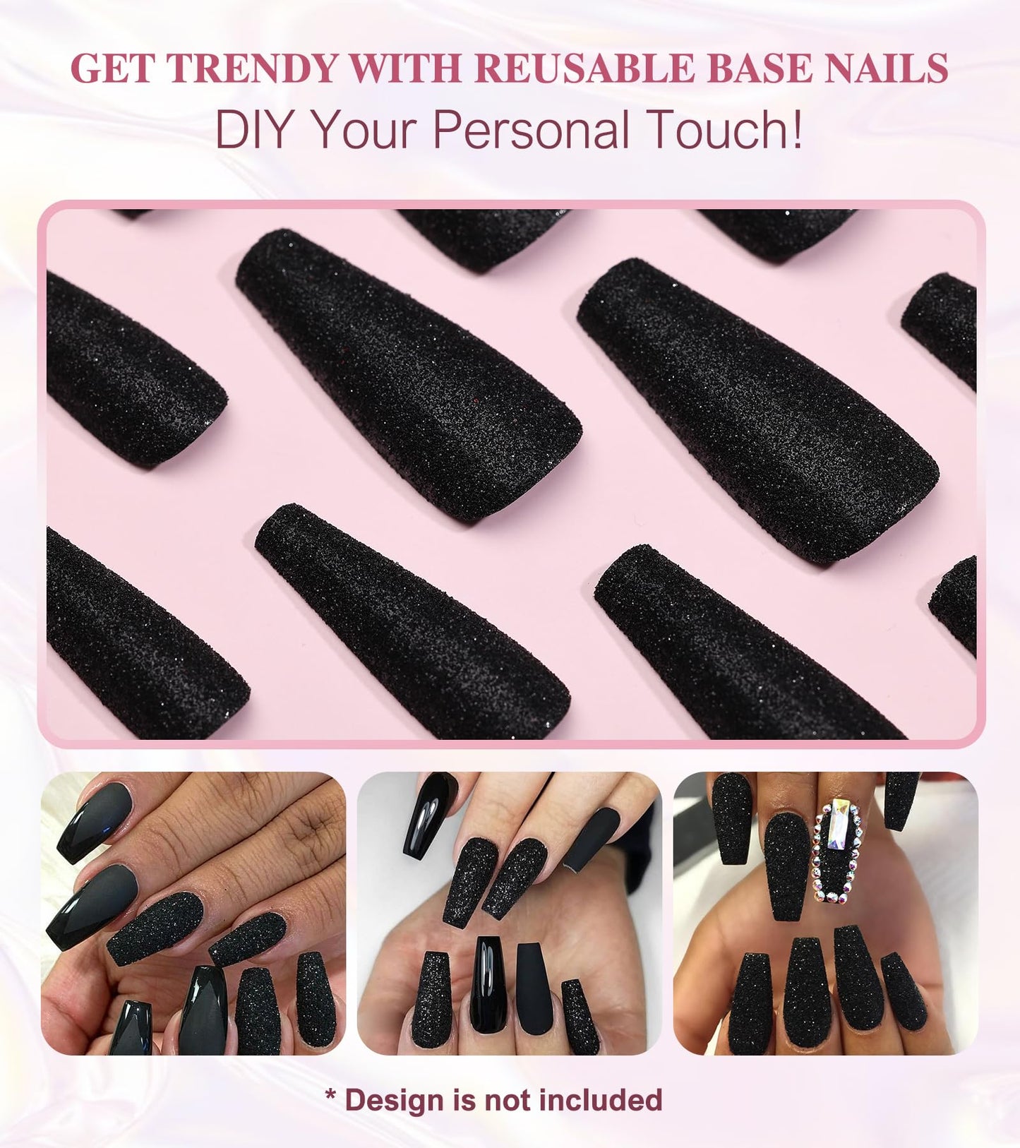 Aegenacess Black Press On Nails Coffin - Long With Glue Stickers, Glitter Stick On for Women, Light Weight in 12 Sizes, 24pcs Fake Nail Kit