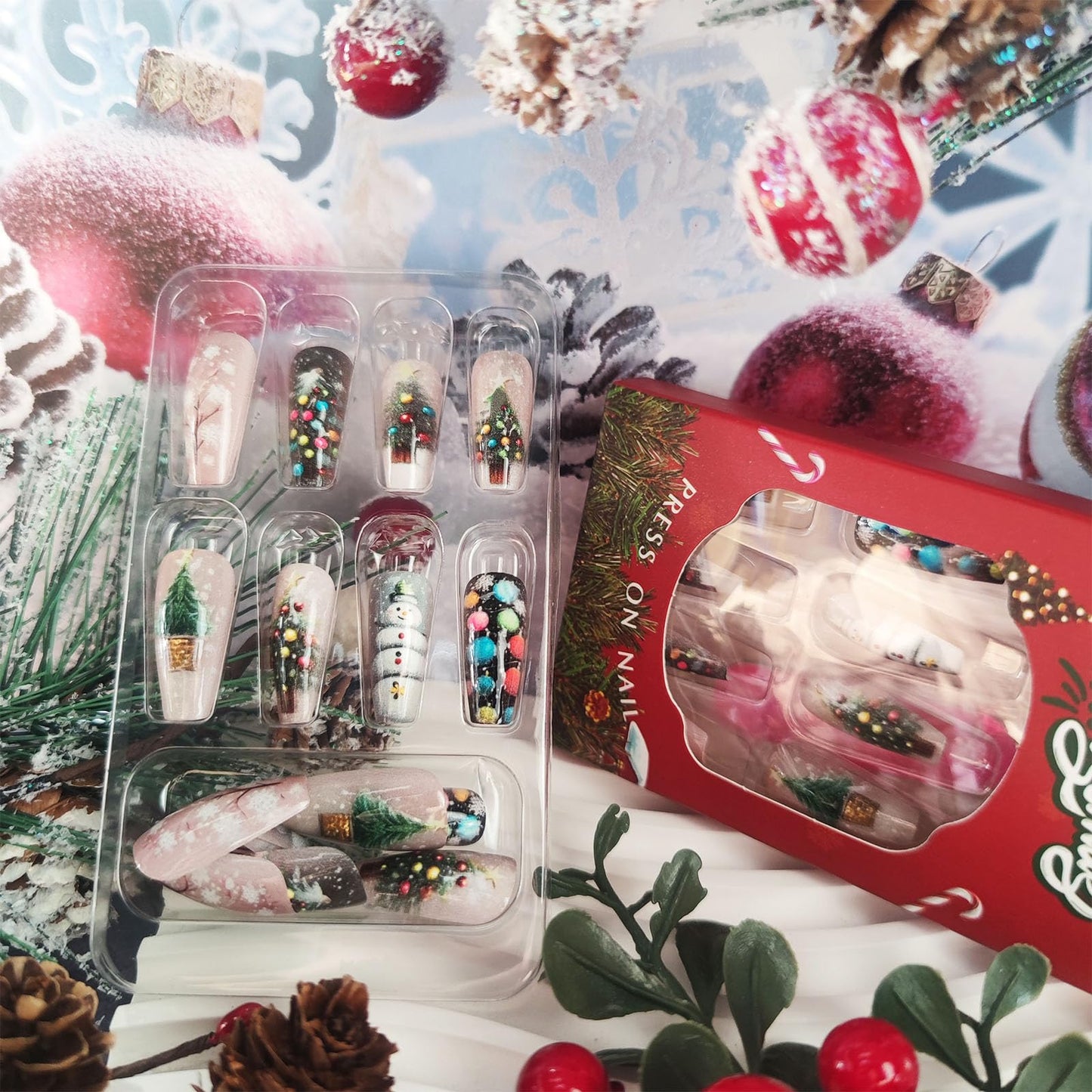 Christmas Press on Nails 24Pcs Glossy White Snowflake Acrylic Fake Nail Xmas Bell Medium Coffin False Nails Christmas Tree Stick on Fingernails Snowman Gel Glue on Nail for Women Xmas Gift