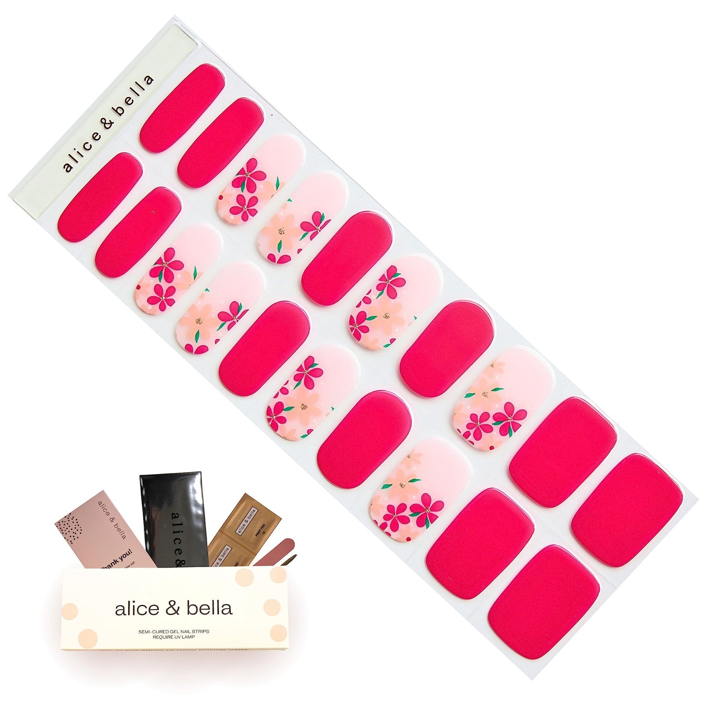 ALICE & BELLA Semi Cured Gel Nail Strips-20 PCS Vibrant Hot Pink Nail Strengthening Gel Stickers, Use with UV Light Lamp, Salon Quality Manicure Wraps (Bright & Happy)