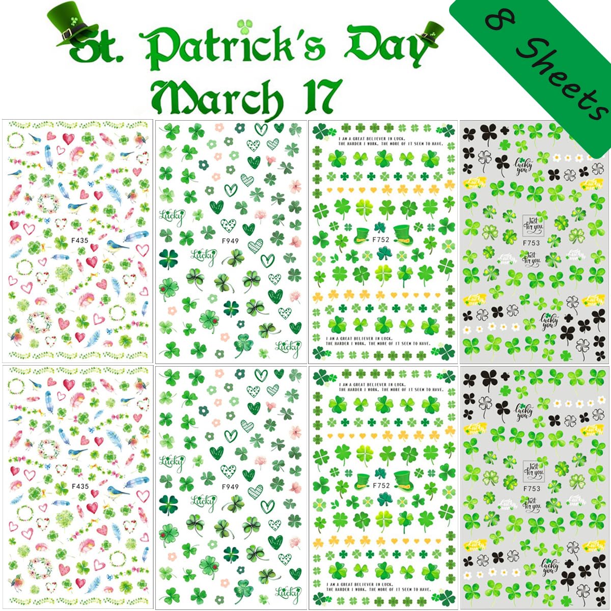 8PCS St. Patrick's Day Nail Art Stickers -Green Four-leaf Clover Leaf Nail Decals 3D Self Adhesive Luck of Irish Clover Nail Supplies Spring Summer Shamrock Design for St. Patrick's Day DIY Nail Decor
