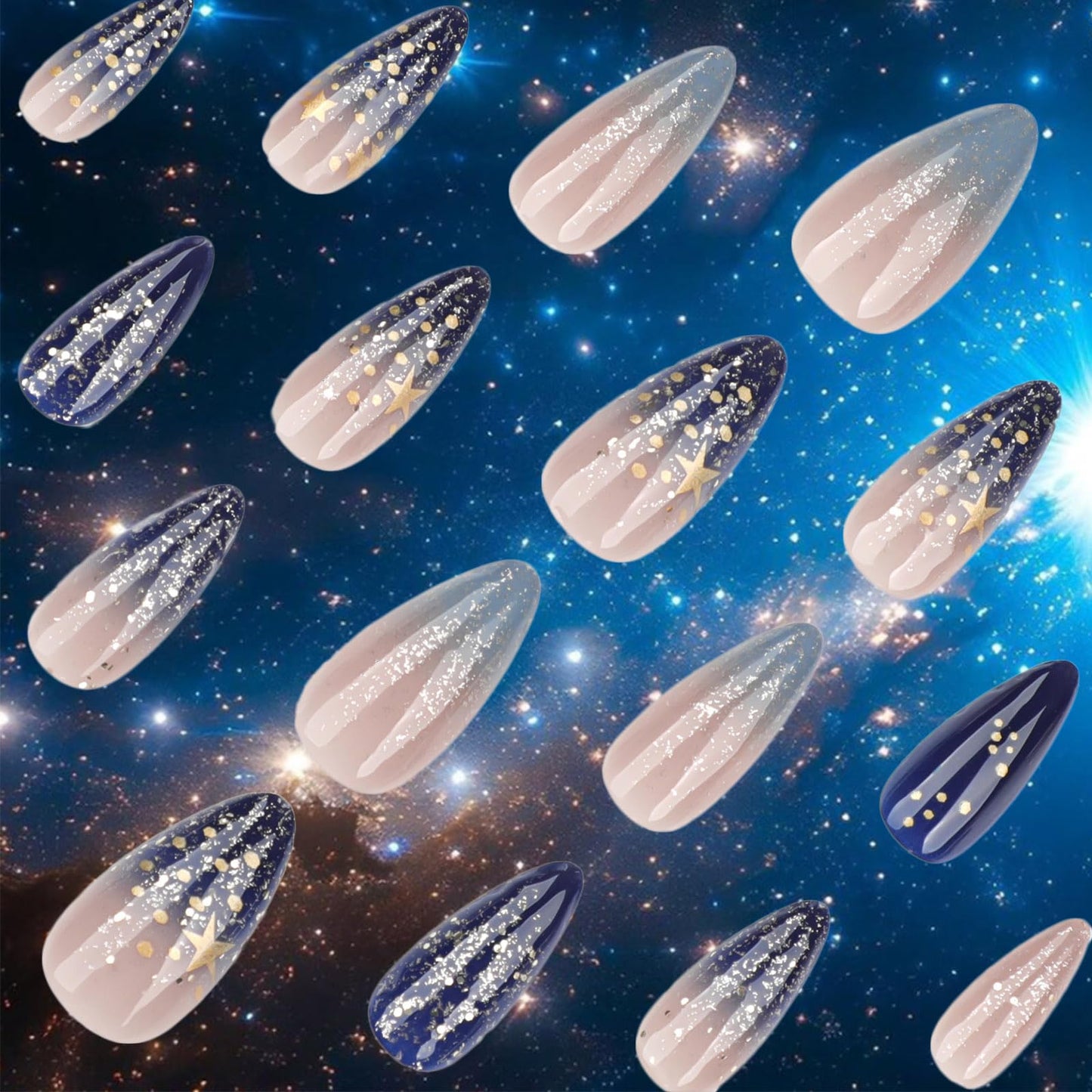 Starry Sky Medium Almond False Nail Gold Stars Press on Nails Glossy Blue Gradient Stick on Nail 24Pcs Silver Glitter Gel Glue on Fingernails Acrylic Full Cover Fake Nails for Holiday Manicure Art