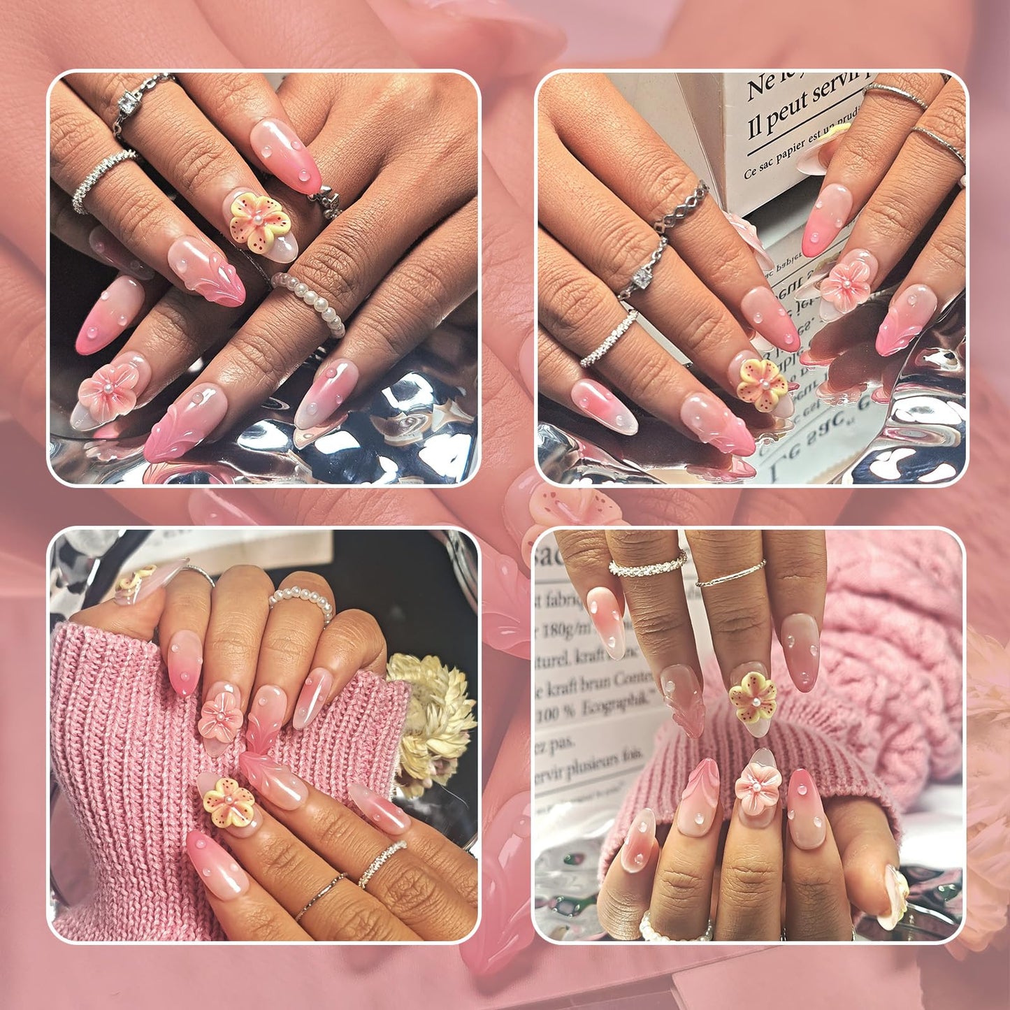 Handmade Acrylic Press On Nails Almond, Short Almond Press On Nails Pink, Ombre 3D Flower Nails For Women Gift, Reusable Stick On Fake Nails Kit With Nail Glue(3D Floral Blush-M)