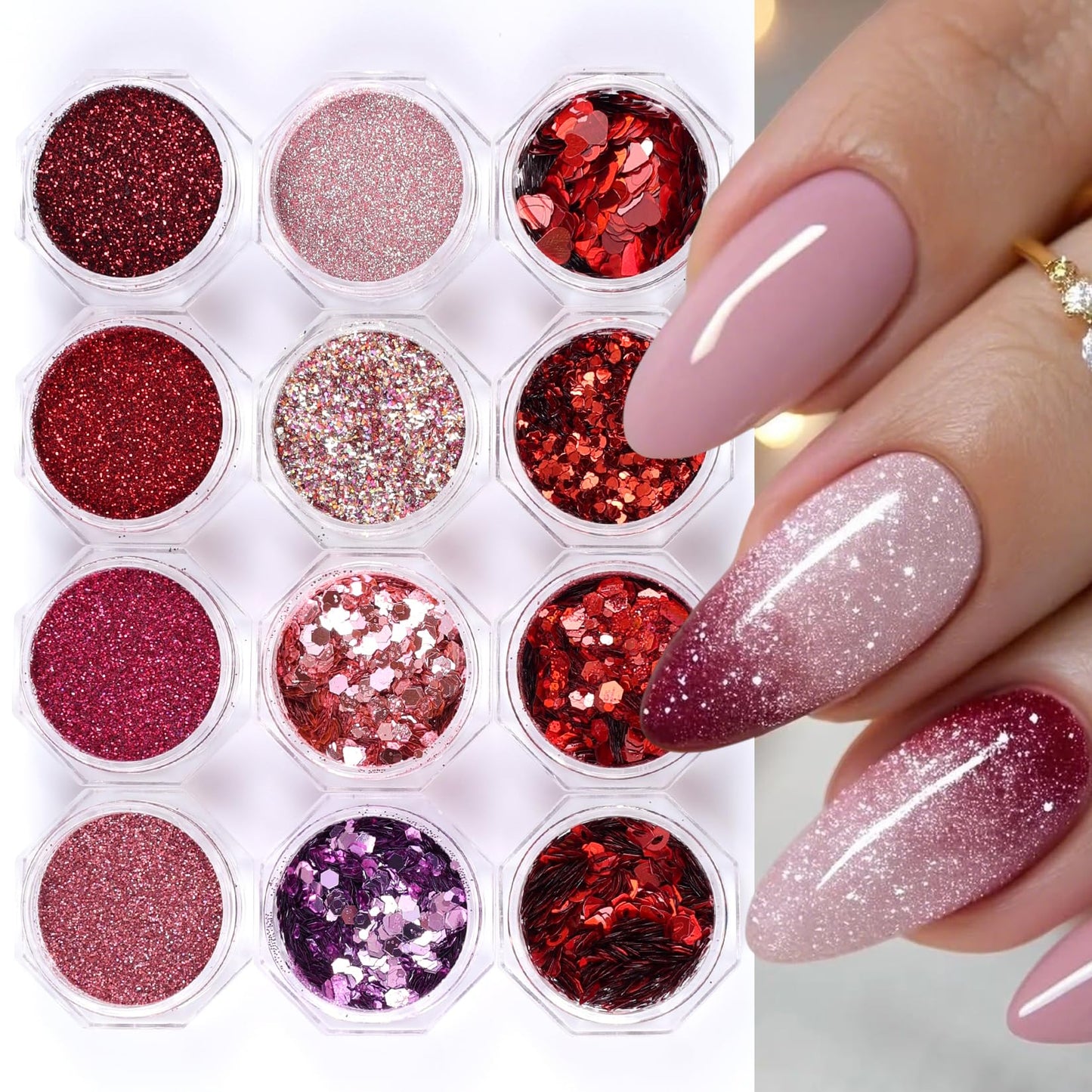 Red Pink Nail Glitter Powder 12 Boxes Cute Glitter for Nails Romantic Heart Lips Flakes for Nails Sugar Reflective Powder DIY Nail Art Decoration Wedding Valentine's Day Accessories