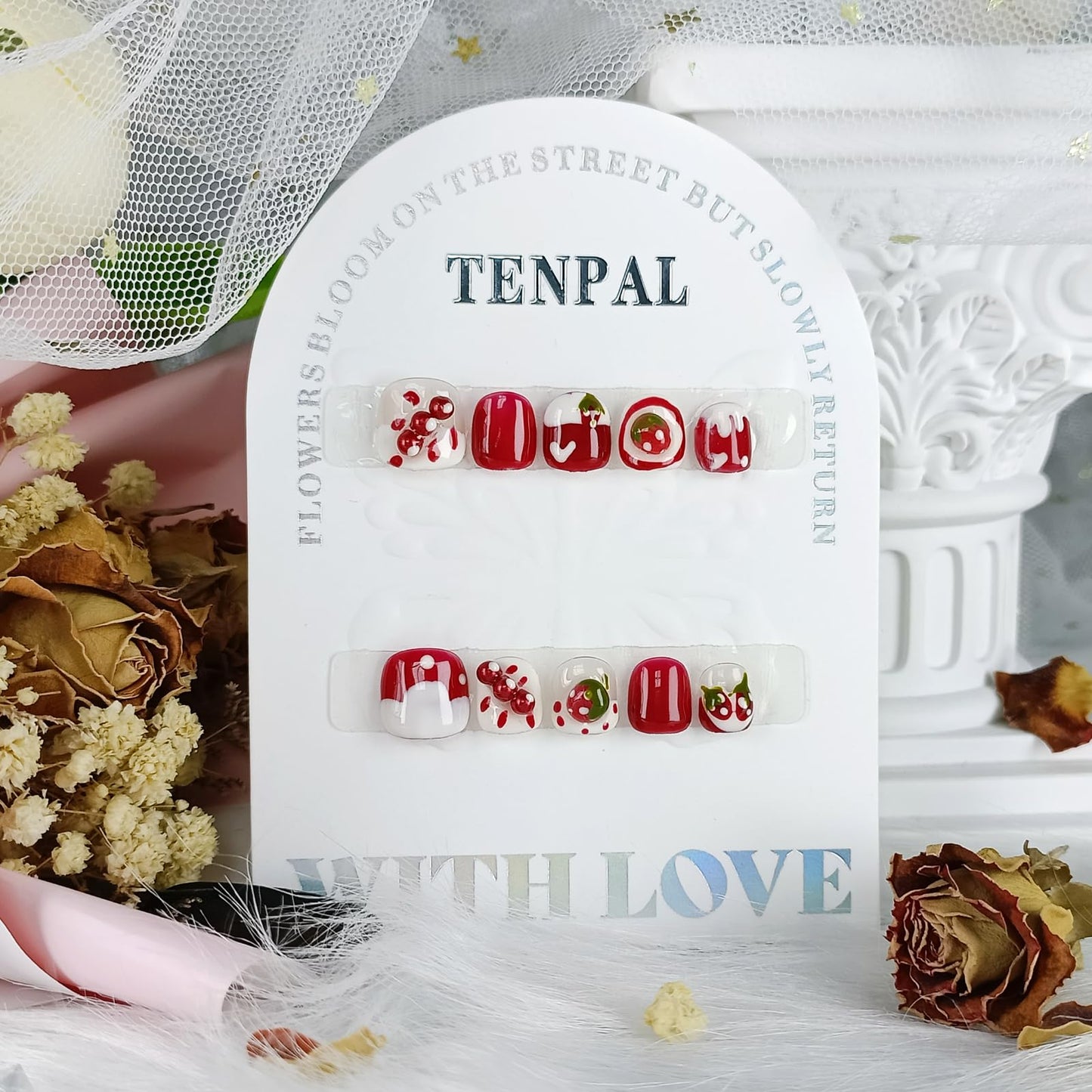 TENPAL Handmade Press on Nails for 3-12 Year Olds Girls,Resuable Gel Fake Nails with Tools for Children,Cute Nails with Lovely Strawberry Designs,Short Nails for Girls Kids Nail Art 10pcs Size(M)