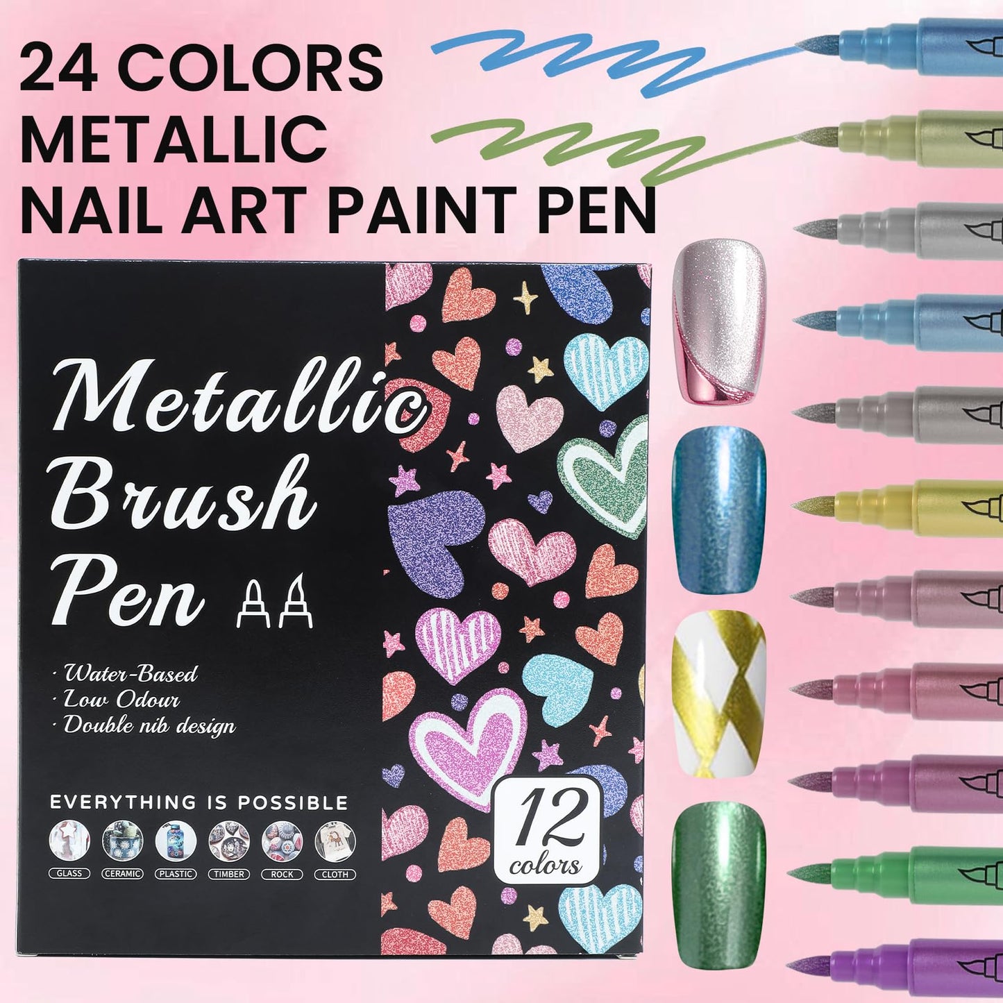 ESUOHYM 12 Color Nail Art Pens Set,Metallic Nail Gel Polish Pens Quick-Drying for Nail Art Design Drawing Painting Liner Dotting Marker Pen,0.3-4MM Waterproof Acrylic Nail Brush Pen Manicure Tools