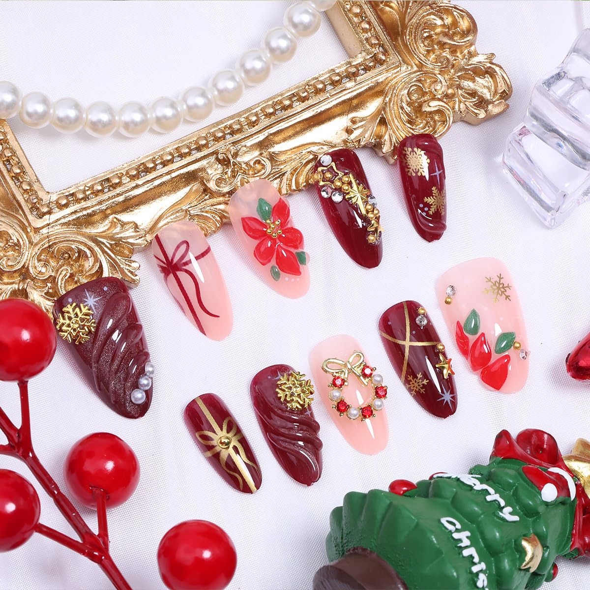 30Pcs Christmas Press on Nails Medium Almond Fake Nails Red Glitter False Nails with 3D Flower Design Gold Snowflake Star Rhinestones Stick on Nails Winter Full Cover Artificial Glue on Nail for Women