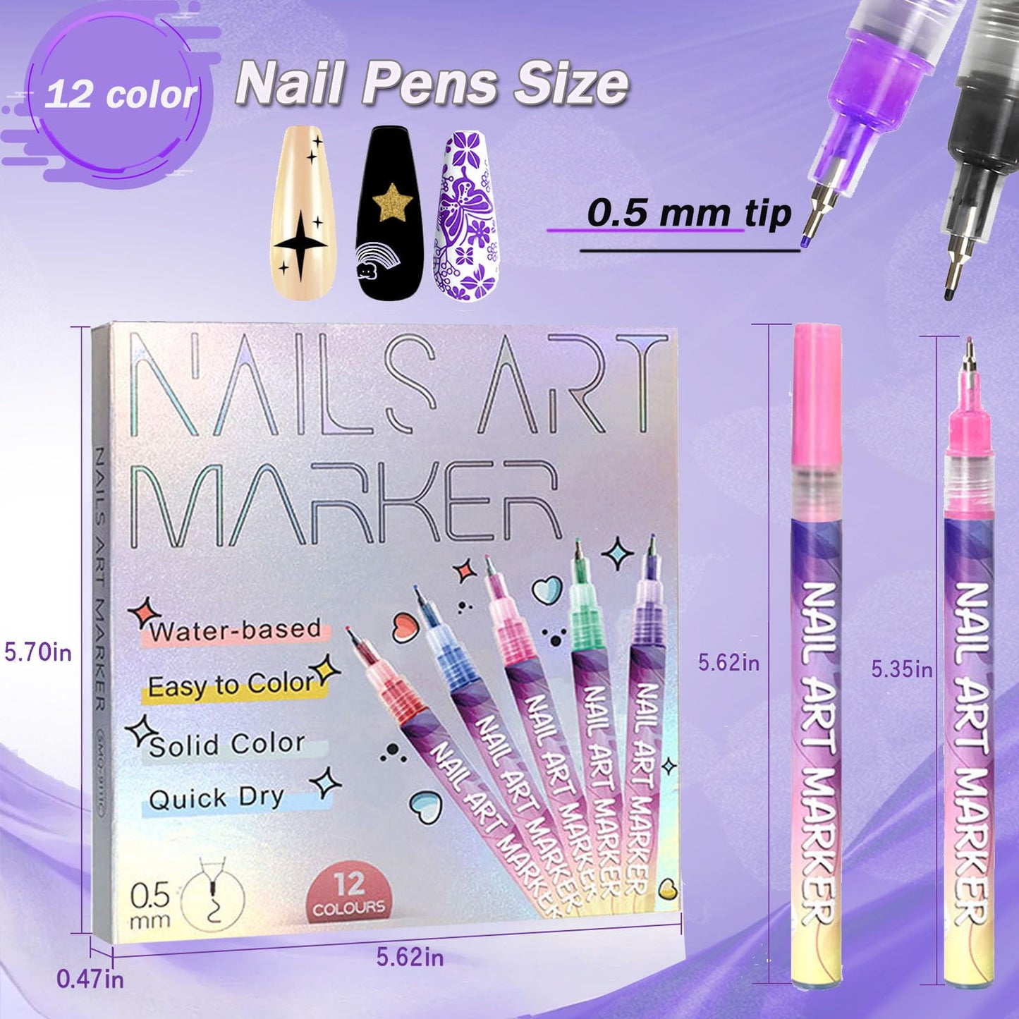 Hinourisha12pcs 3D Nail Art Pens Set, Nail Art Markers, Acrylic Nail Paint Pens Kit, Nail Polish Pen Quick-drying Waterproof for Paint Point Line Art Manicure Tools for Girls Gift