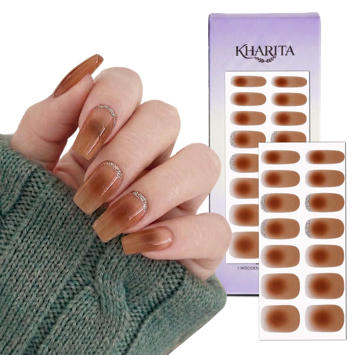 KHARITA Semi Cured Gel Nail Strips – Real Gel Nail Polish UV Wraps for Brittle Nails | Waterproof Long Lasting Easy Peel-Off Removal | Hema-Free | Ombre Brown Salon Sticker Kit with File & Stick