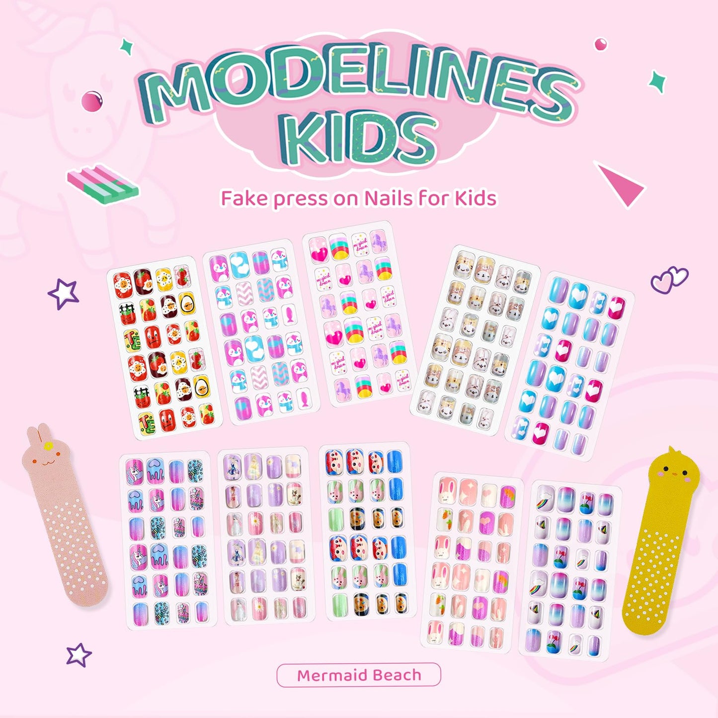 240Pcs Kids False Nail with Nail Glue Children Girls Press on short Nails No fading Stable Quick Stick on Cute Pre Glue Full Cover Acrylic Nail Tip Kit Gift for Kids Nail Decoration(Rainbow Unicorn）